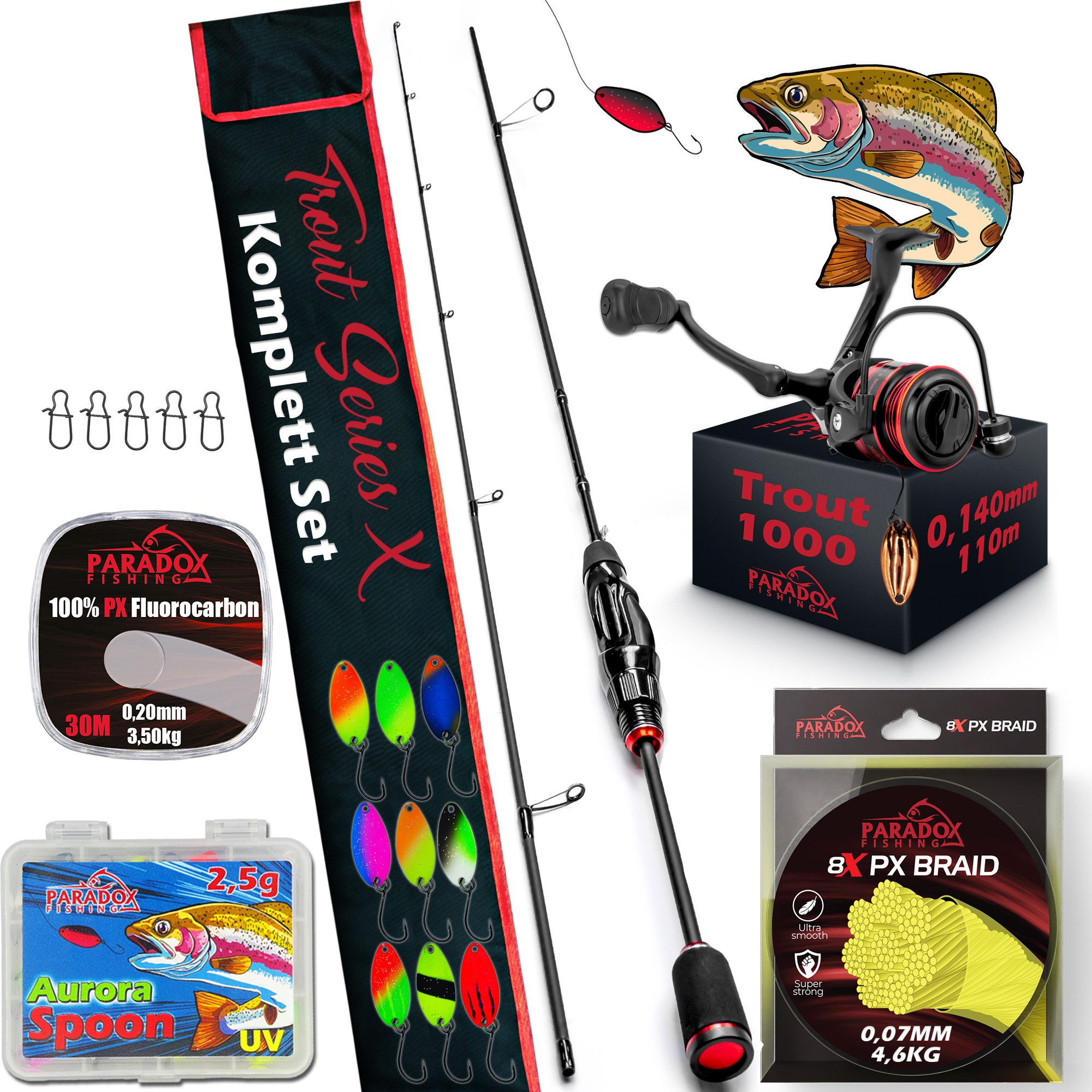 Paradox Fishing Spinnrute Trout Series X, (Rute + 1000 Rolle), UL-Rute, 1,85m 1,2-4g