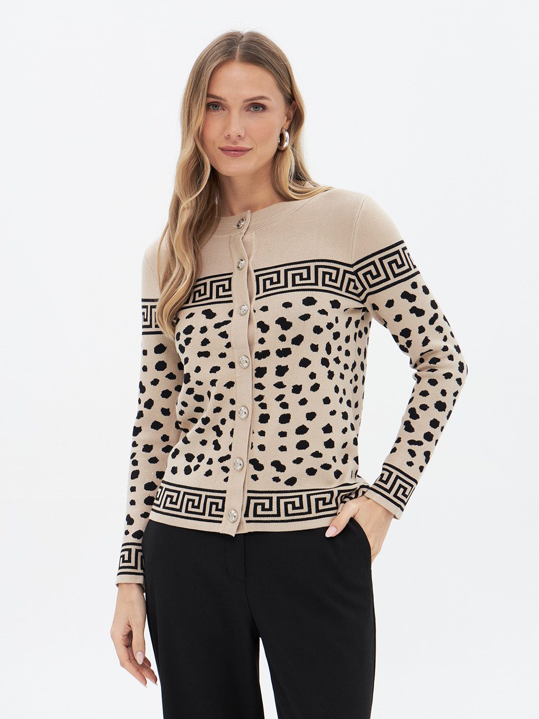 Passioni Cardigan Cardigan mit Leopardenmuster Animal-Print mit geometrischen Mäanderbordüren