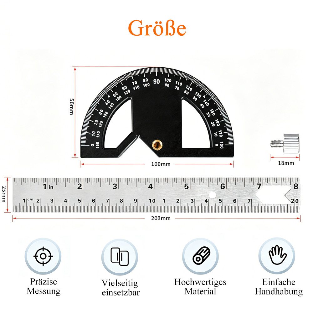 AFKSMILE Winkelmesser Tischler-Winkelmesser, Winkelmesser mit 20cm Langer Markierungsskala, L:20 cm, Winkelmesser mit 0–180-Grad-Skala, Ideal für Heimwerker und Tischler