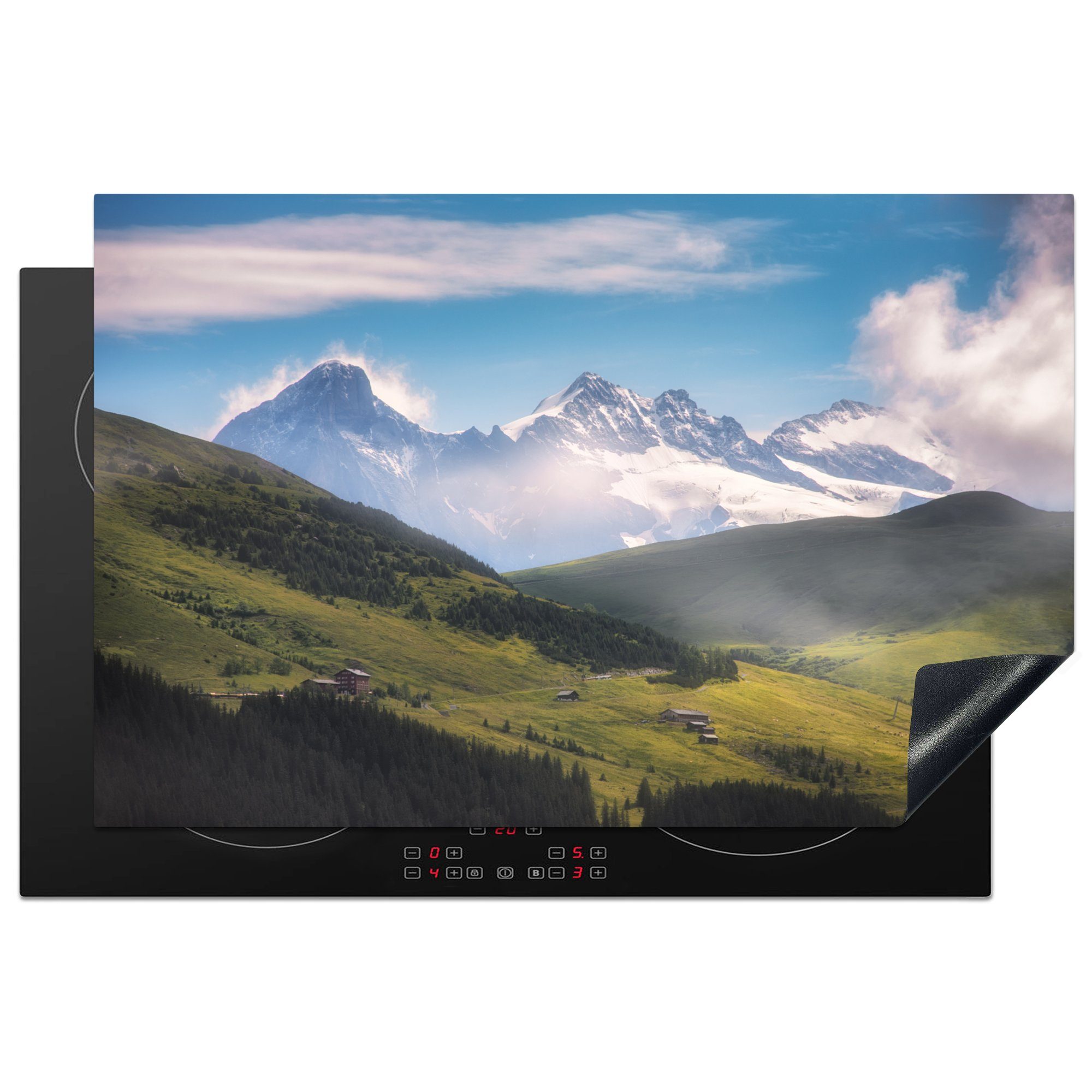 MuchoWow Herdblende-/Abdeckplatte Landschaft am schneebedeckten Schilthorn in der Schweiz, Vinyl, (1 tlg), 81x52 cm, Induktionskochfeld Schutz für die küche, Ceranfeldabdeckung