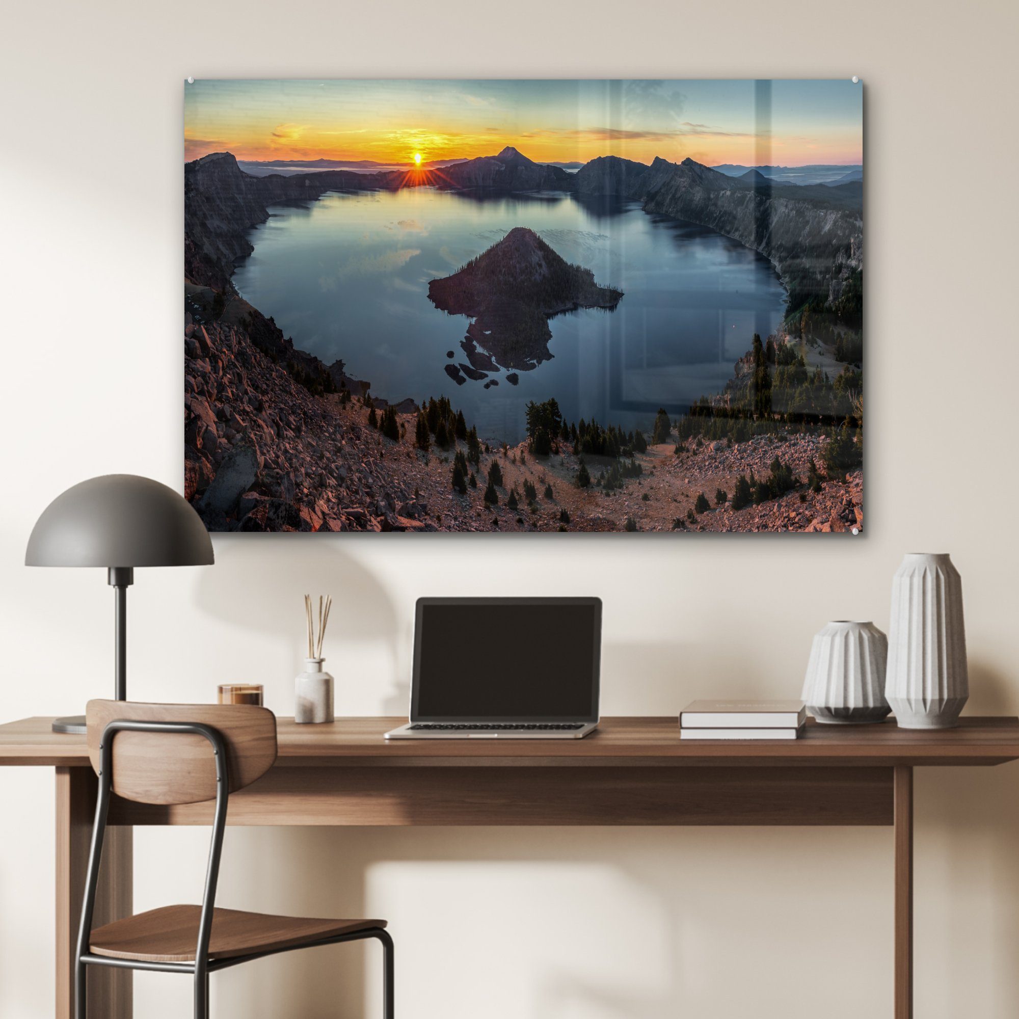 im Crater Park MuchoWow Schlafzimmer den National Lake USA, & Acrylglasbilder Sonnenuntergang in St), (1 Wohnzimmer Acrylglasbild