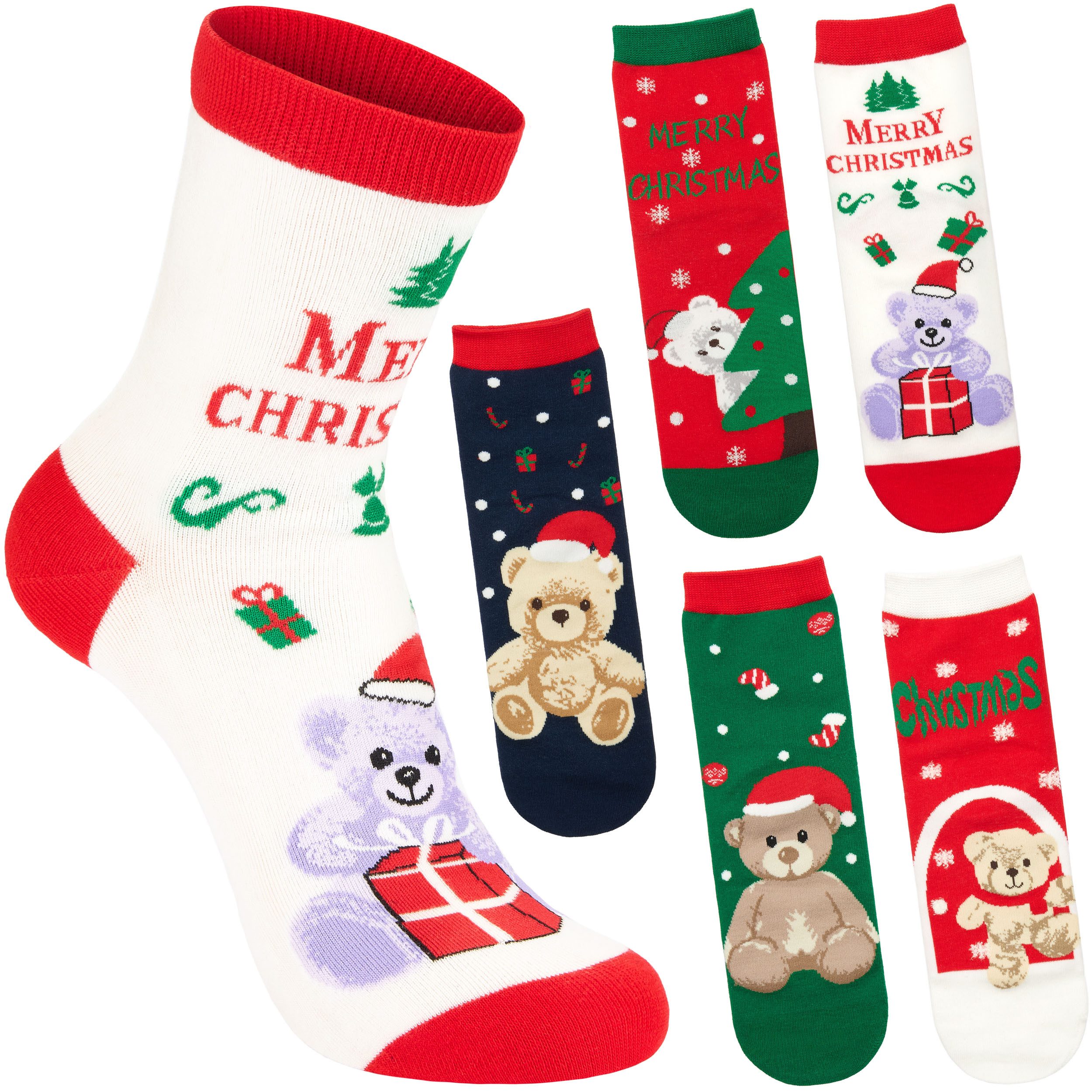 BRUBAKER Носки Damen Weihnachtssocken - Teddybär Merry Christmas (Bunte Baumwollsocken für Frauen - Geschenkset, 5-Paar, Мягкие носочки mit humorvollen Носкиmotiven) Lustige Damensocken für Weihnachten & Nikolaus