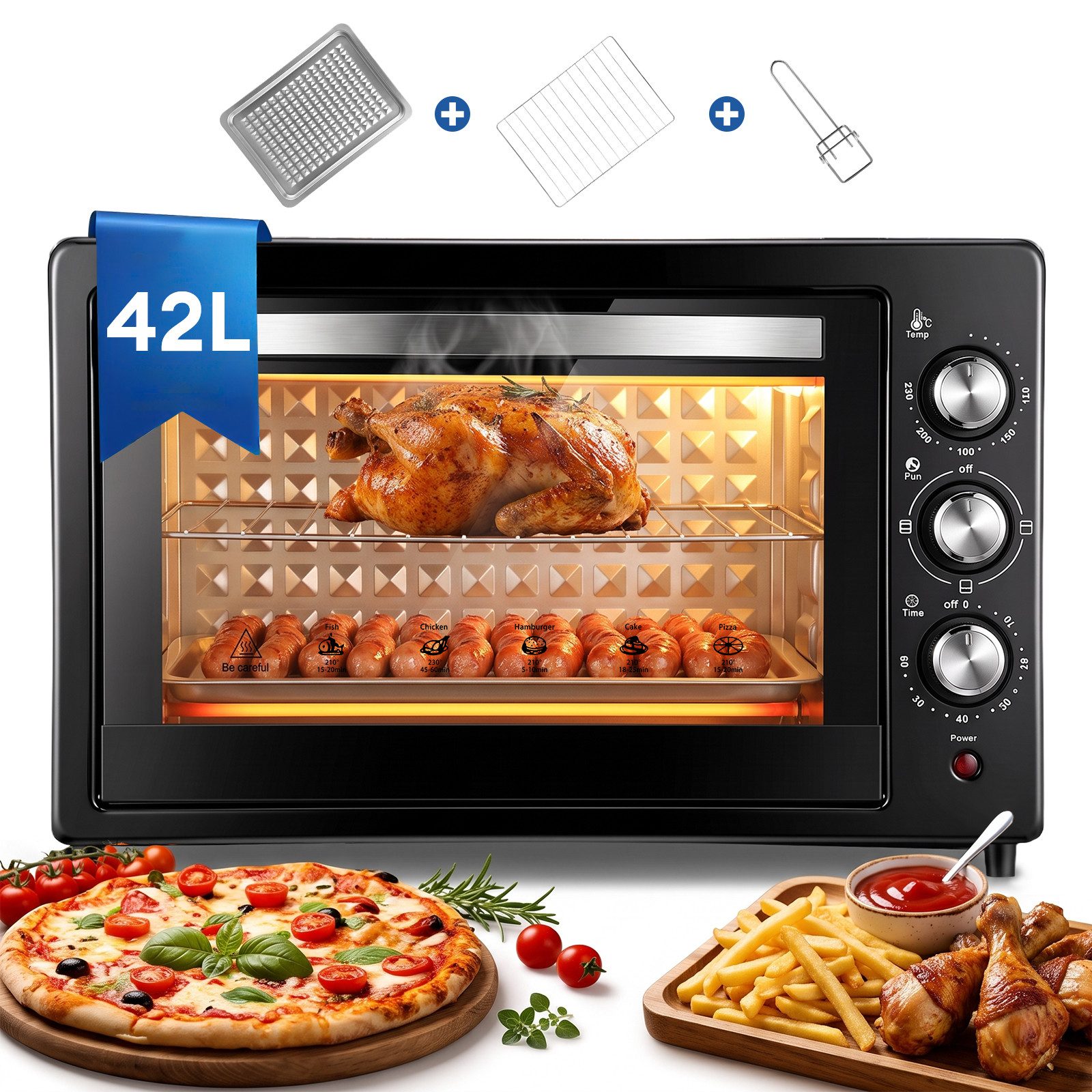 CkeyiN Pro Minibackofen 42 L,2000W Kleiner Backofen,Camping Ofen,Ober-/Unterhitze, Pizzaofen 100-250°C,60 min Timer,mit Backblech