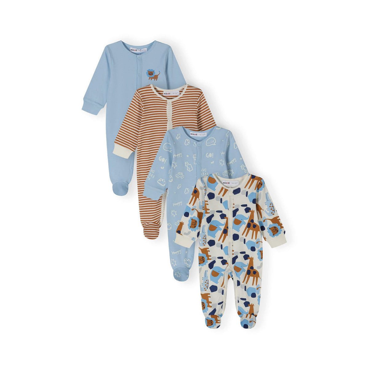 MINOTI Schlafoverall für Babys im 4er-Pack, Strampler mit Fuß, Druckknöpfen und Tier-Print (Packung, 4-tlg., 4er-Pack)