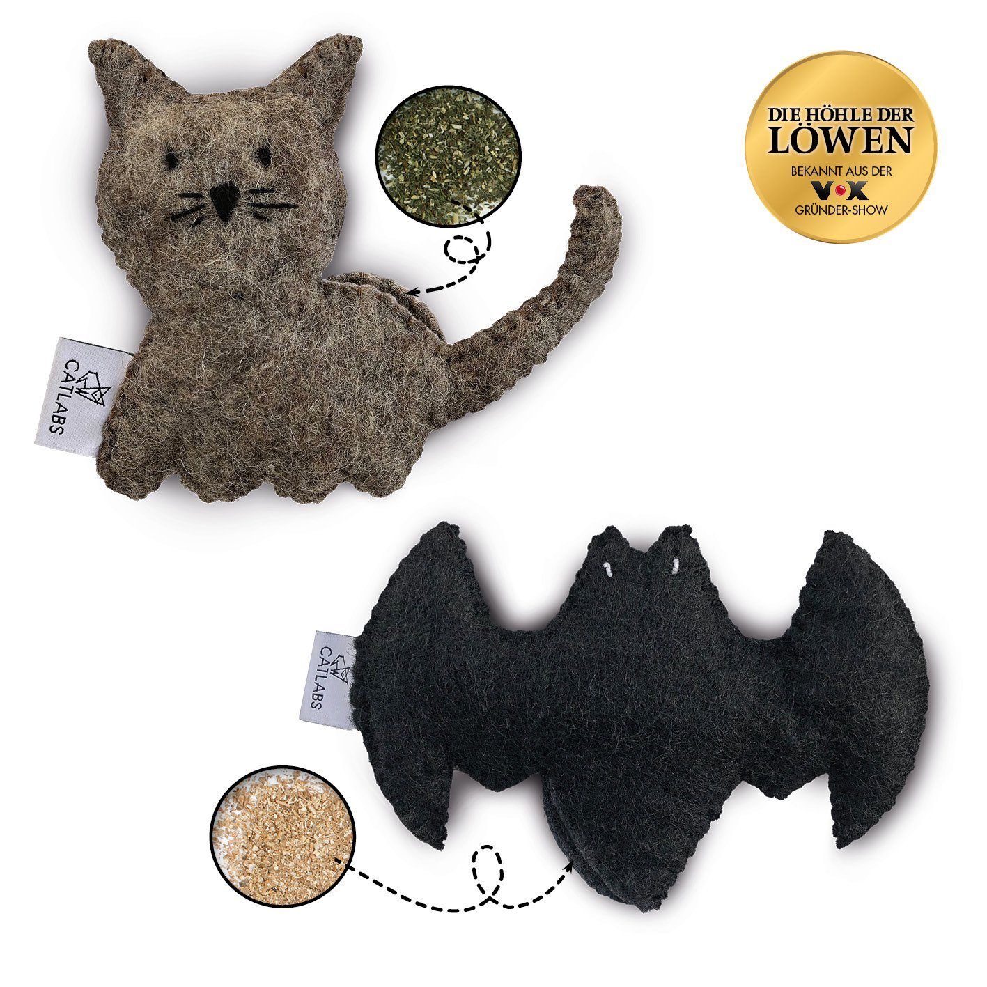 CATLABS Tier-Intelligenzspielzeug Katzenspielzeug 2er-Set - Kuschelige Katze mit Katzenminze + Flauschige Fledermaus mit Baldrianwurzel, (2-tlg)