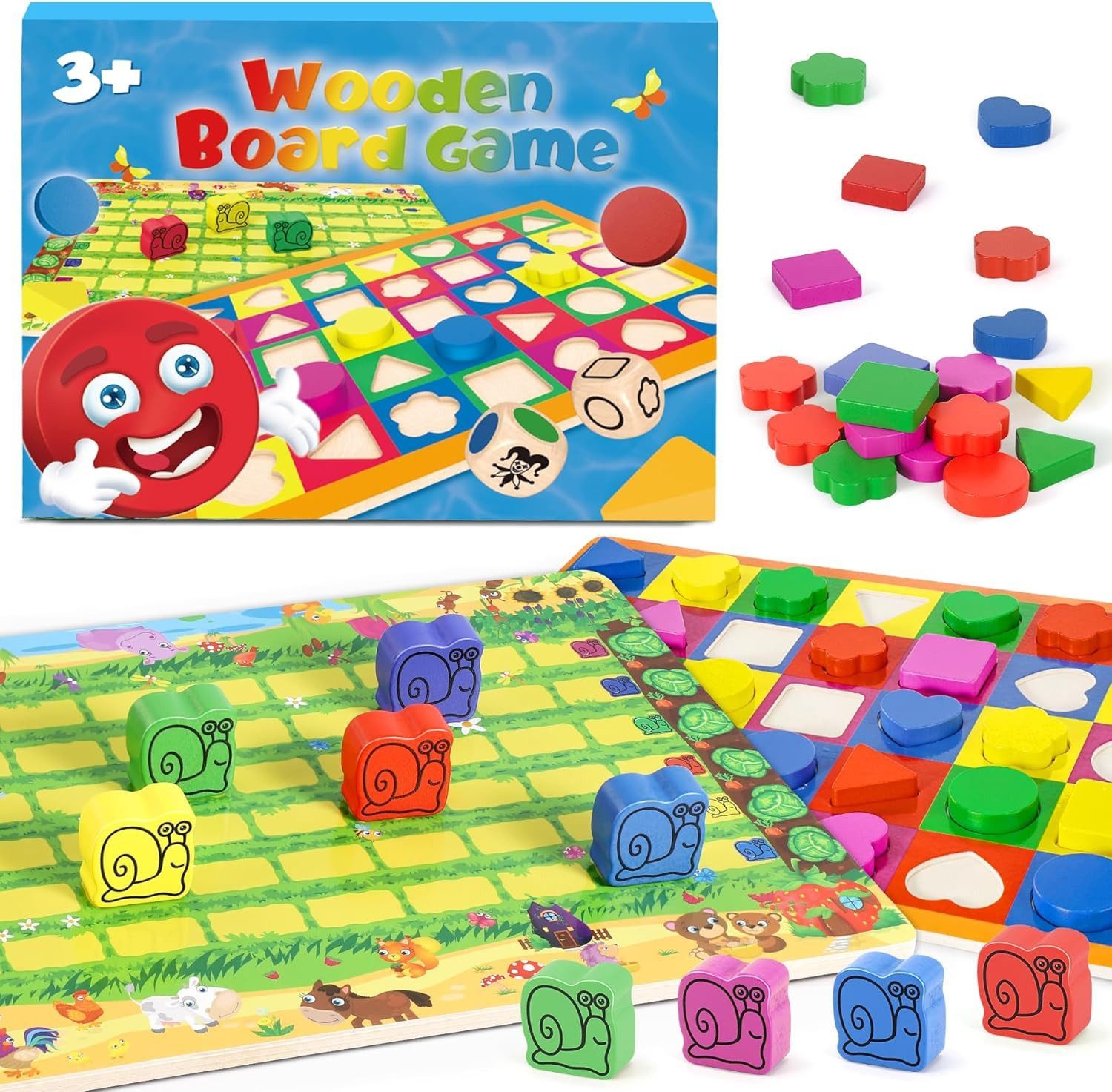 Ophy Lernspielzeug 2-in-1 Brettspiel für Kinder – Schneckenrennen & Gesellschaftsspiel (1-St., Montessori Holzspielzeug), Reisespiel für 2–6 Spieler, ab 2–6 Jahren (Mädchen & Jungen)