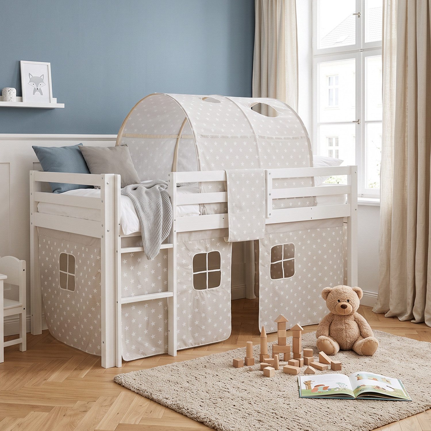 Homestyle4u Hochbett Kinder mit Rutsche 90x200 mit / ohne Matratze Holz Sterne Mädchen (Komplett-Set mit Lattenrost, mit Tunnel, Matratze mit OEKO-TEX® Standard 100) Junge, Mädchen, Spielbett