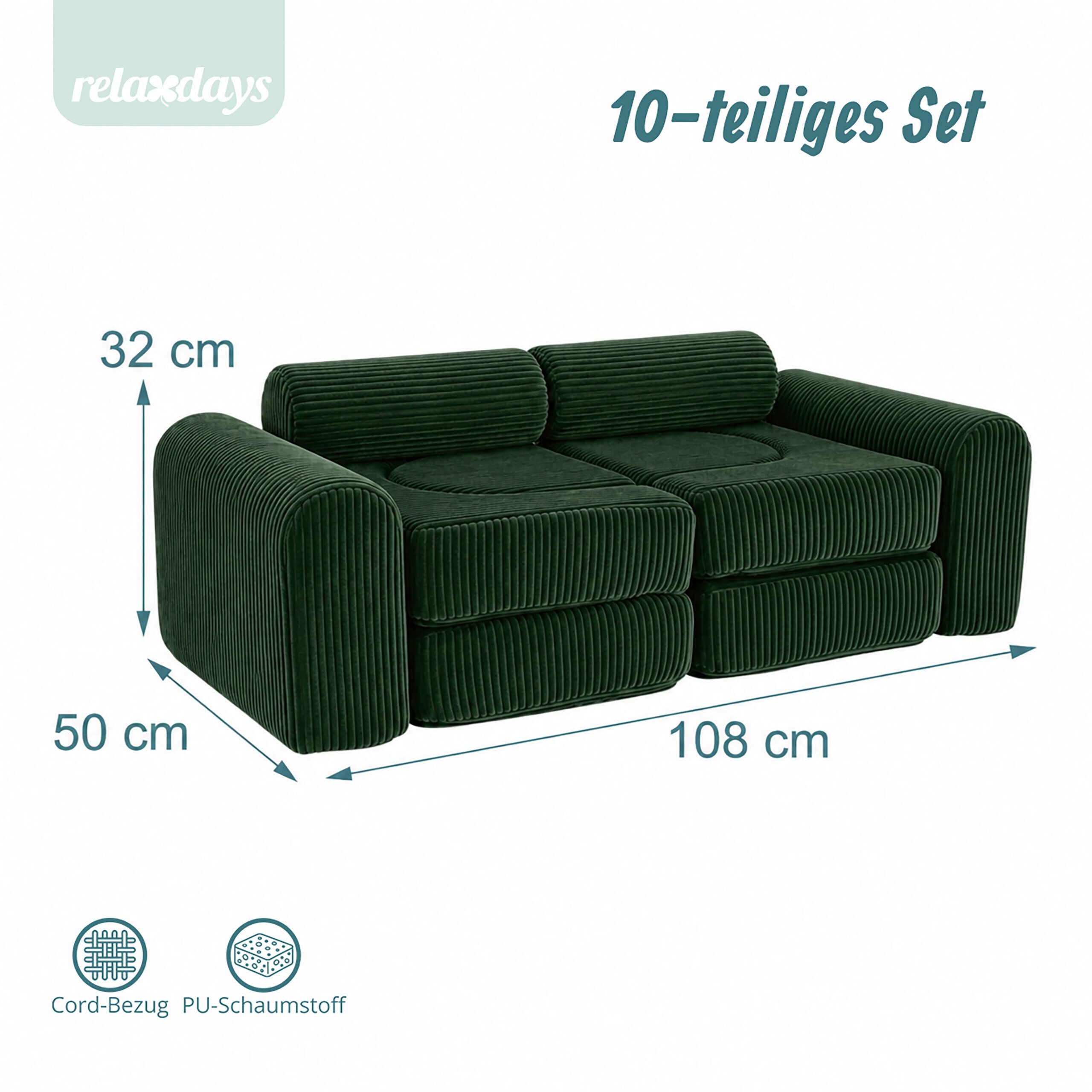 relaxdays Kindersofa 10-tlg. Kinder Spielsofa modular, 10 Teile, grün – Bild 4 von 5