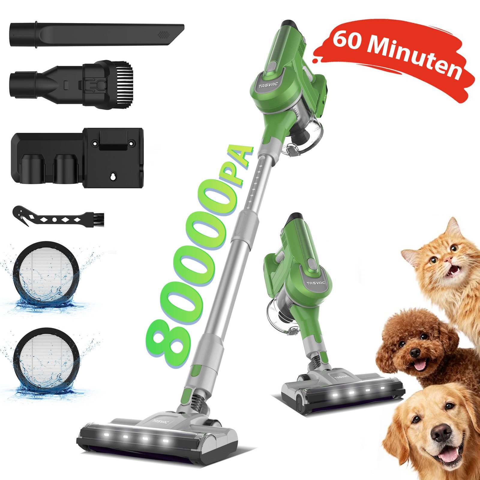 TASVAC Akku-Hand-und Stielstaubsauger Akku Staubsauger 80000Pa/60Min/1,7 L Staubsauger Kabellos, mit Beutel, 50dB leise/5-Stufen-Filter/LED Display, Ideal für Böden/Teppiche/Auto