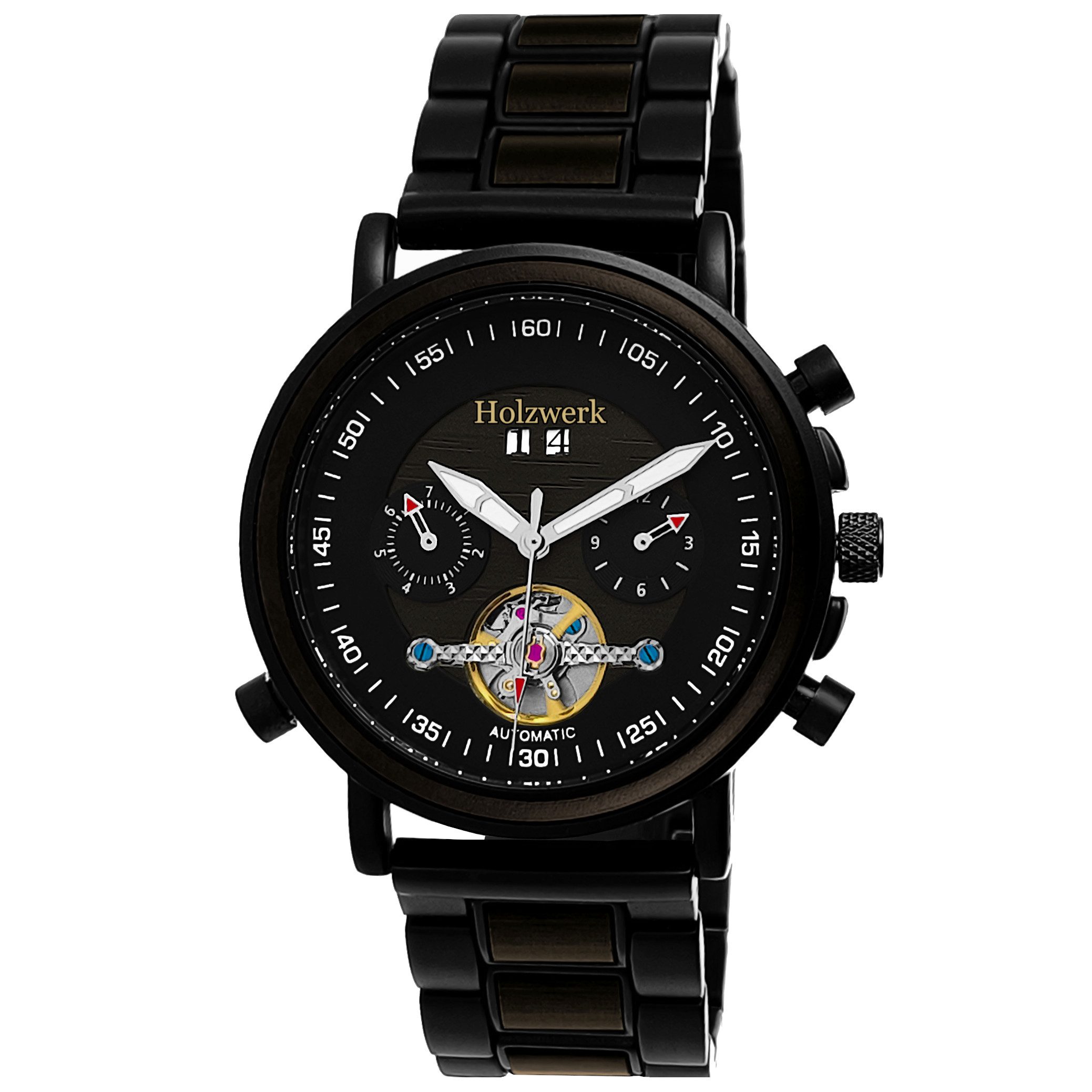 Holzwerk Automatikuhr Herren Edelstahl & Holz Armband Uhr mit Datum, (inklusive Armbandkürzer), Holz Unikate, ideal auch als Geschenk, Automatik, offene Unruhe