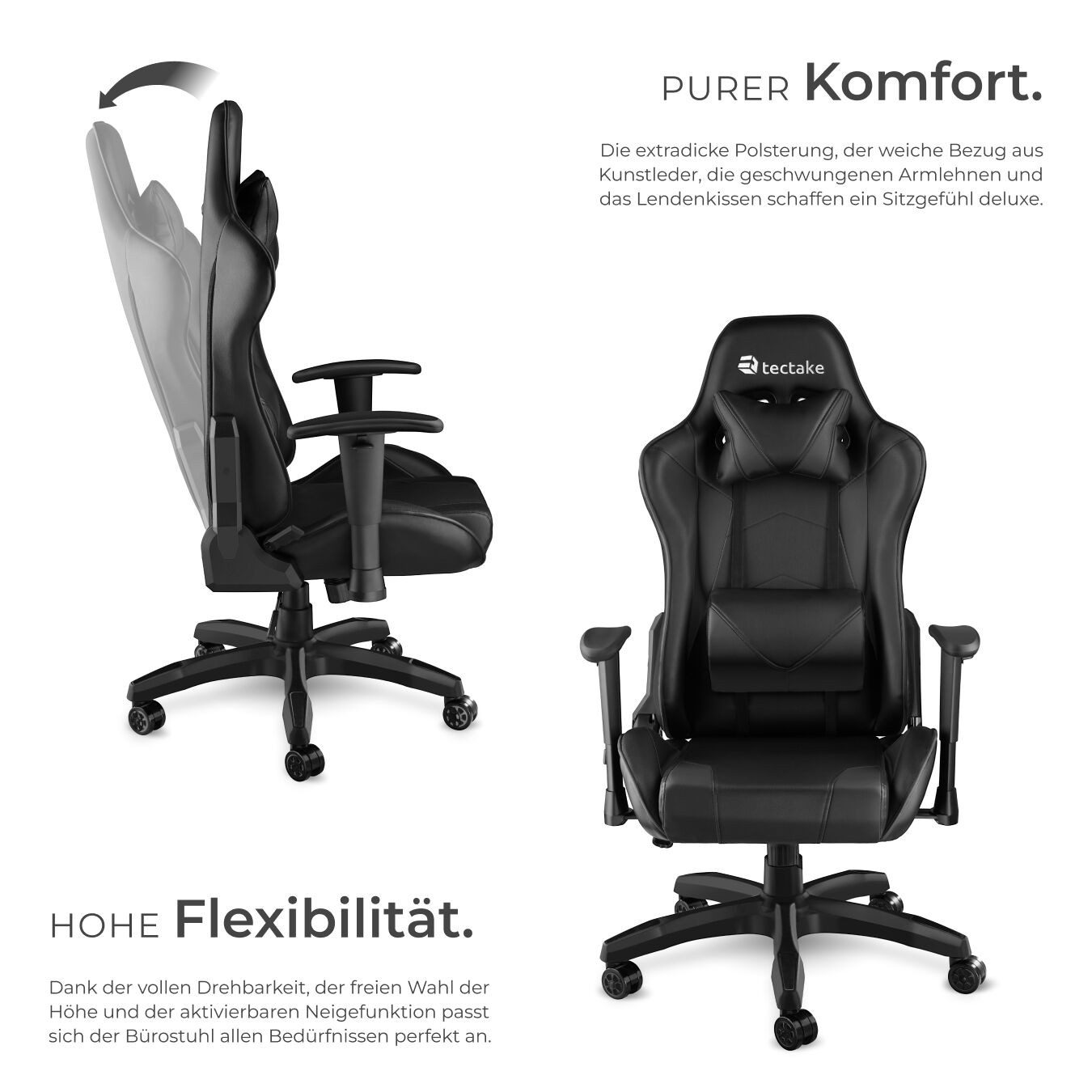 tectake Gaming-Stuhl Gaming-Sessel, Belastbarkeit 120 kg, mit verstellbarer Rückenlehne (Racing-Stuhl Twink, 1 St), Dicke Polsterung, Kunstlederbezug, abnehmbares Nacken- & Lendenkissen