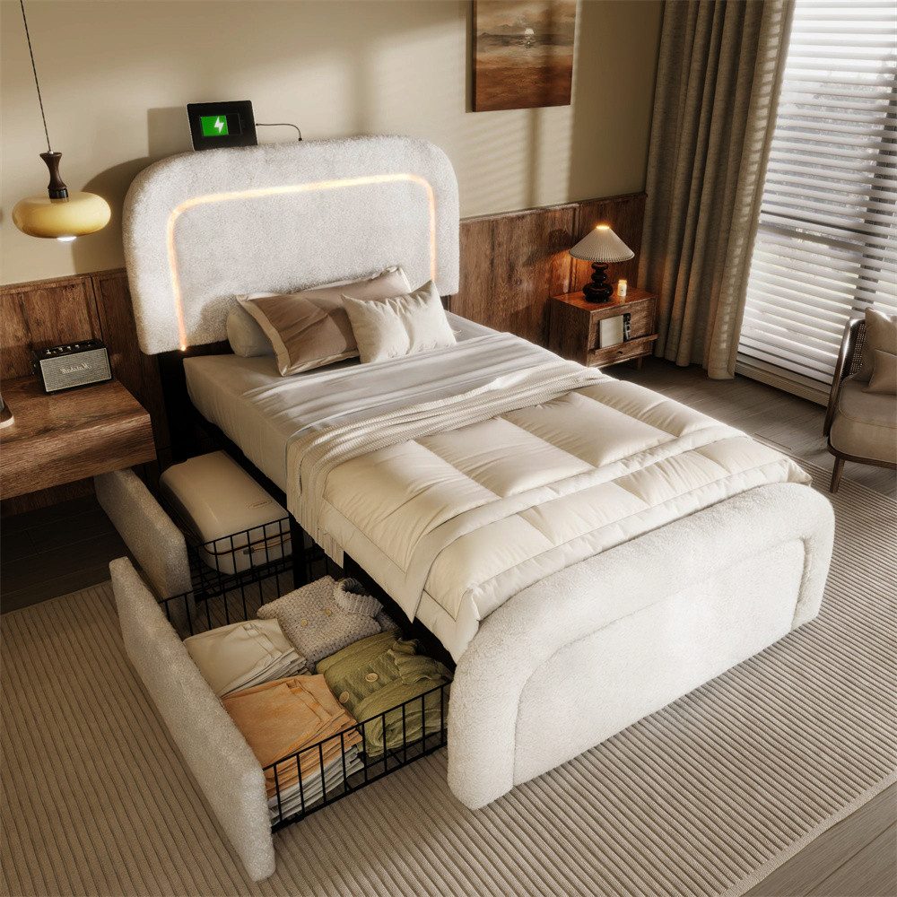 Polsterbett Bettgestell mit USB Typ C Ladefunktion LED-Beleuchtung