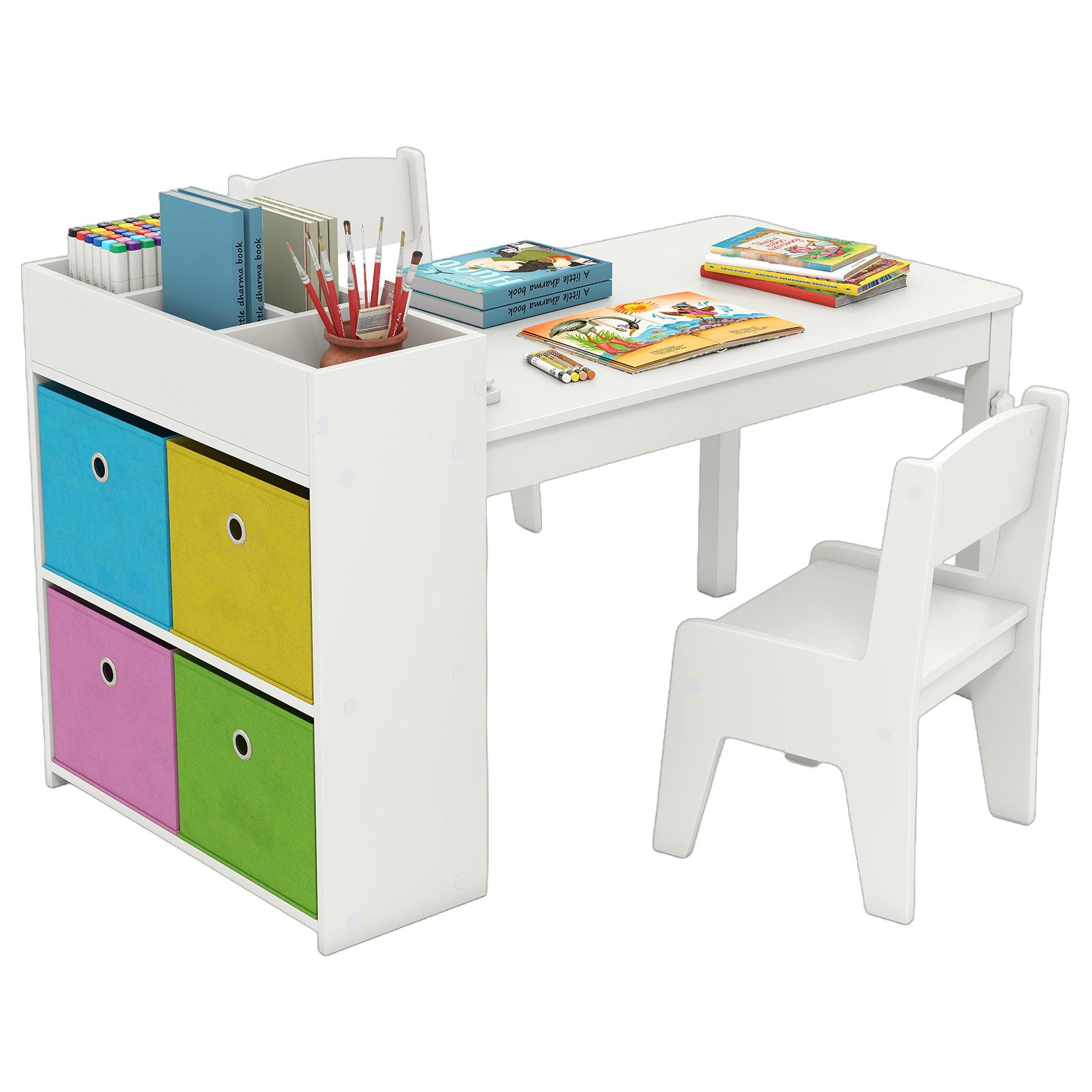 COSTWAY Kindersitzgruppe, (3-tlg), Kinderschreibtisch mit 2 Stühlen, Papierrolle