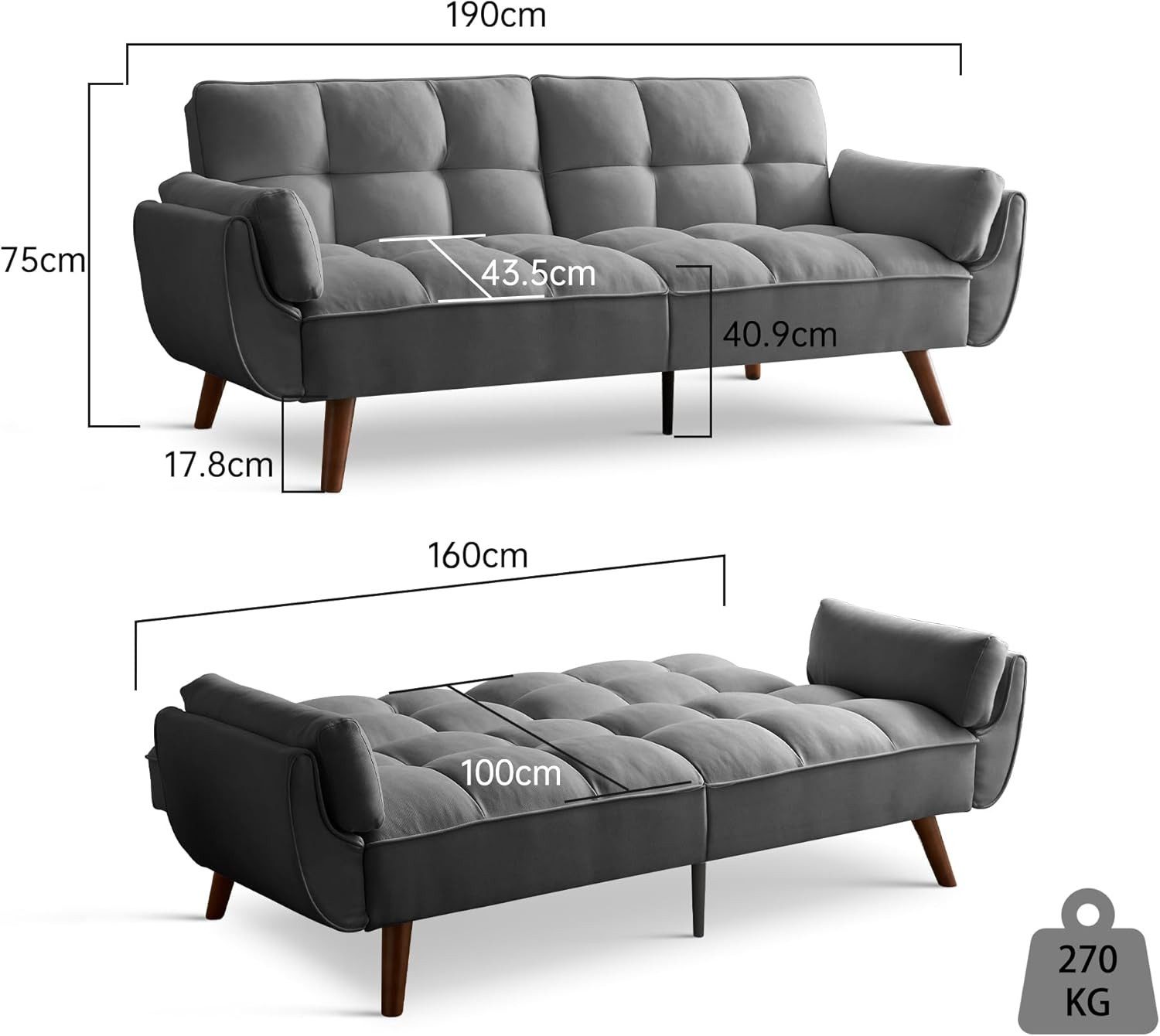 Jiexi Sofa Schlafsofa Länge inklusive Armlehnen 170/180/190cm Verstellbare