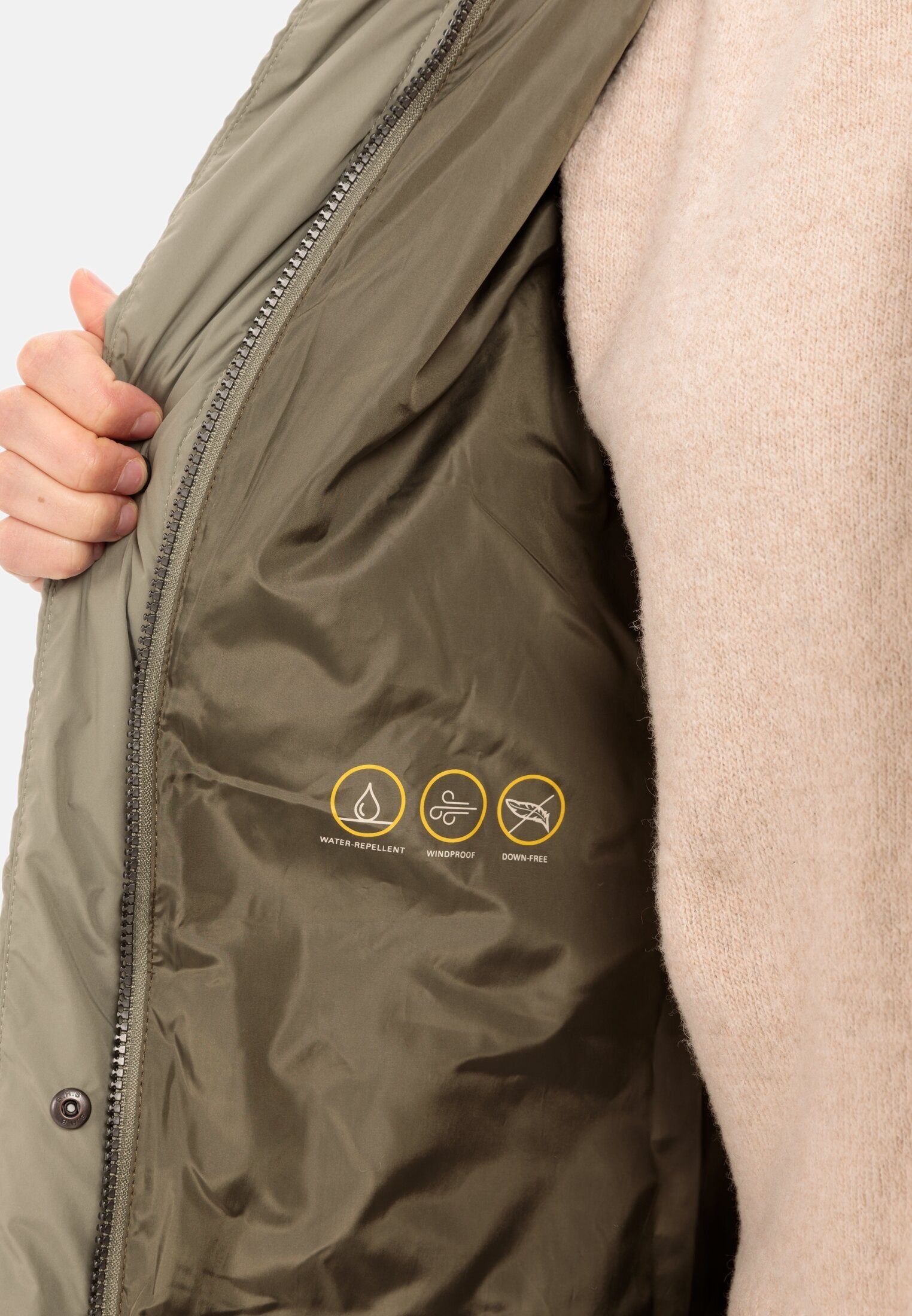 camel active Steppmantel aus recyceltem Polyester Langarm Kapuze Markenlabel