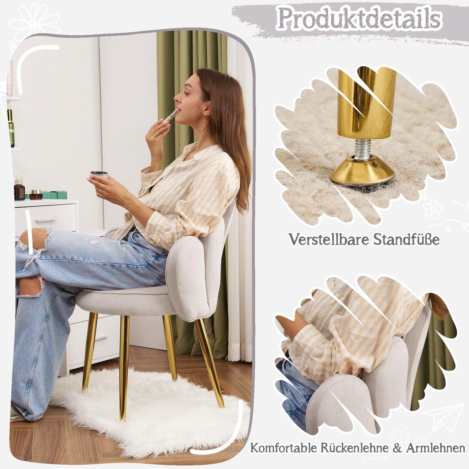 VINGLI Polsterstuhl mit Schleife Zierkissen, Schminktisch Stuhl, Monderne Esszimmerstuhl – Bild 4 von 5