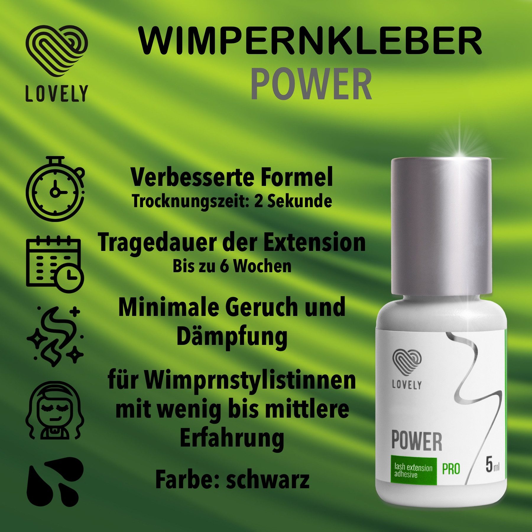 Lovely Wimpernkleber Power 5ml für professionelle Wimpernverlängerung, Für professionelle WImpernverlängerung, Schnelle Trocknungszeit