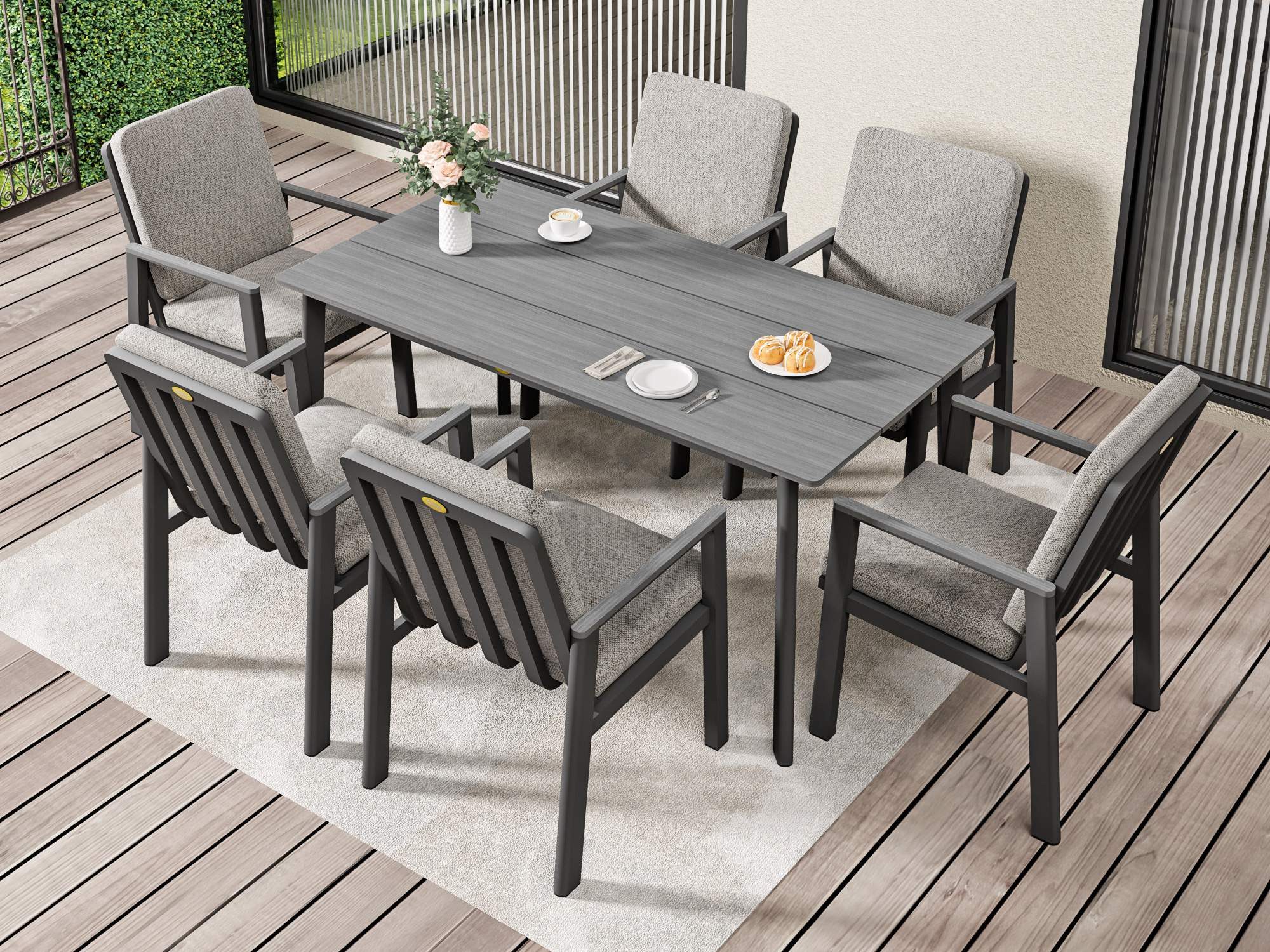 MeXo Gartenlounge-Set Garten Essgruppe für 6 Personen, (Gartenmöbel-Set aus Aluminium, 7-tlg., mit ergonomischen Sesseln inkl. Kissen), Belastbarkeit pro Sitzplatz 140 kg