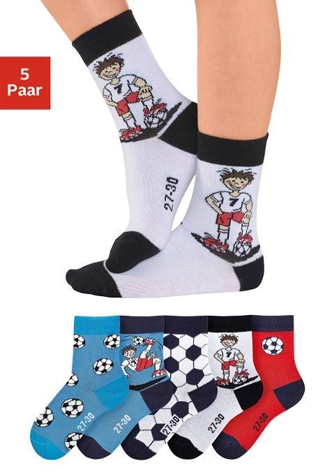H.I.S Socken "Fußballsocken, Kinder Fußballsocken, WM Socken" (Packung, 5-Paar, Gr. 23-26 bis 35-38) mit lustigen Fußballmotiven