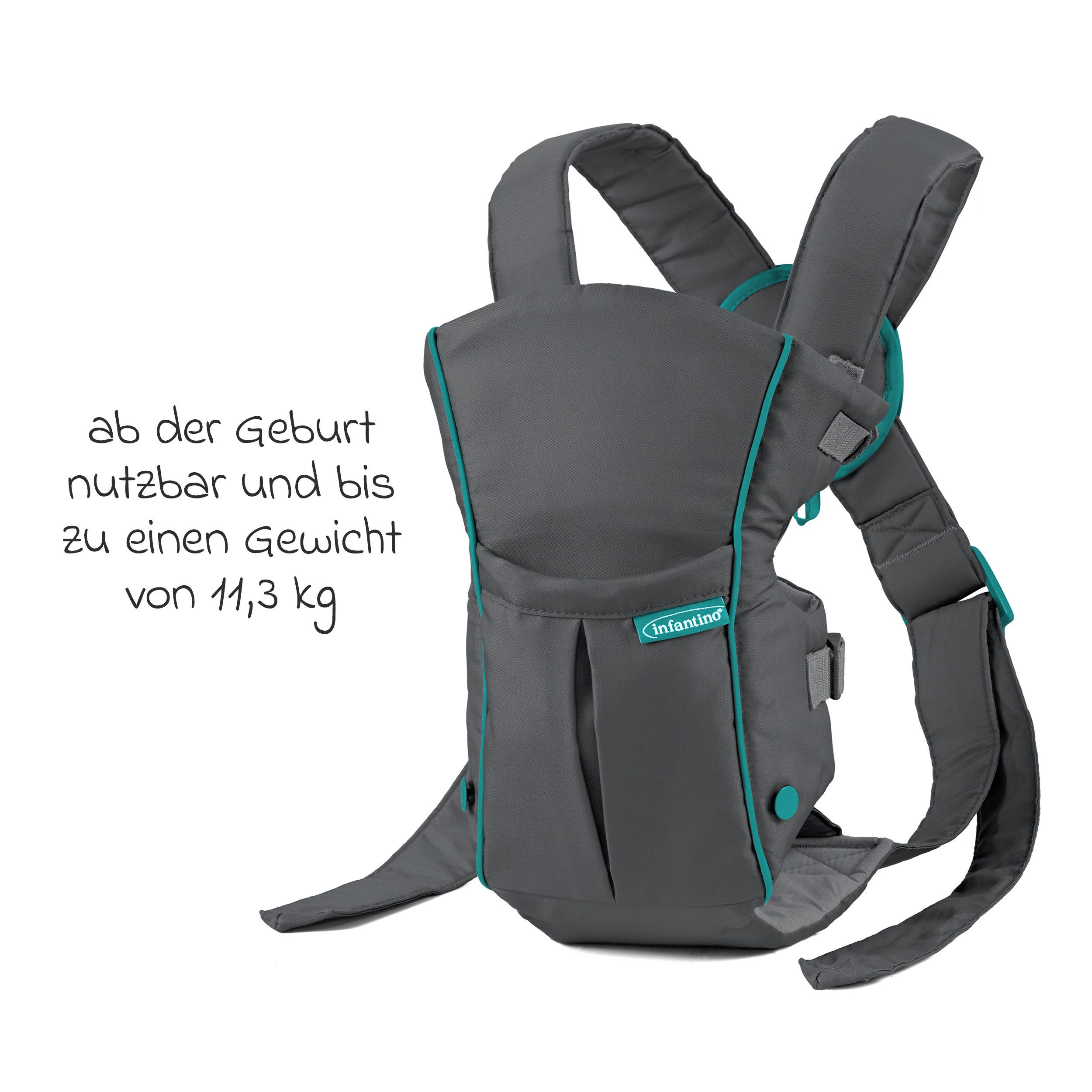 Infantino BKids Babytrage Swift Classic - Grau, Baby Bauchtrage ab Geburt von 3,6 - 11,3 kg 2 Tragepositionen