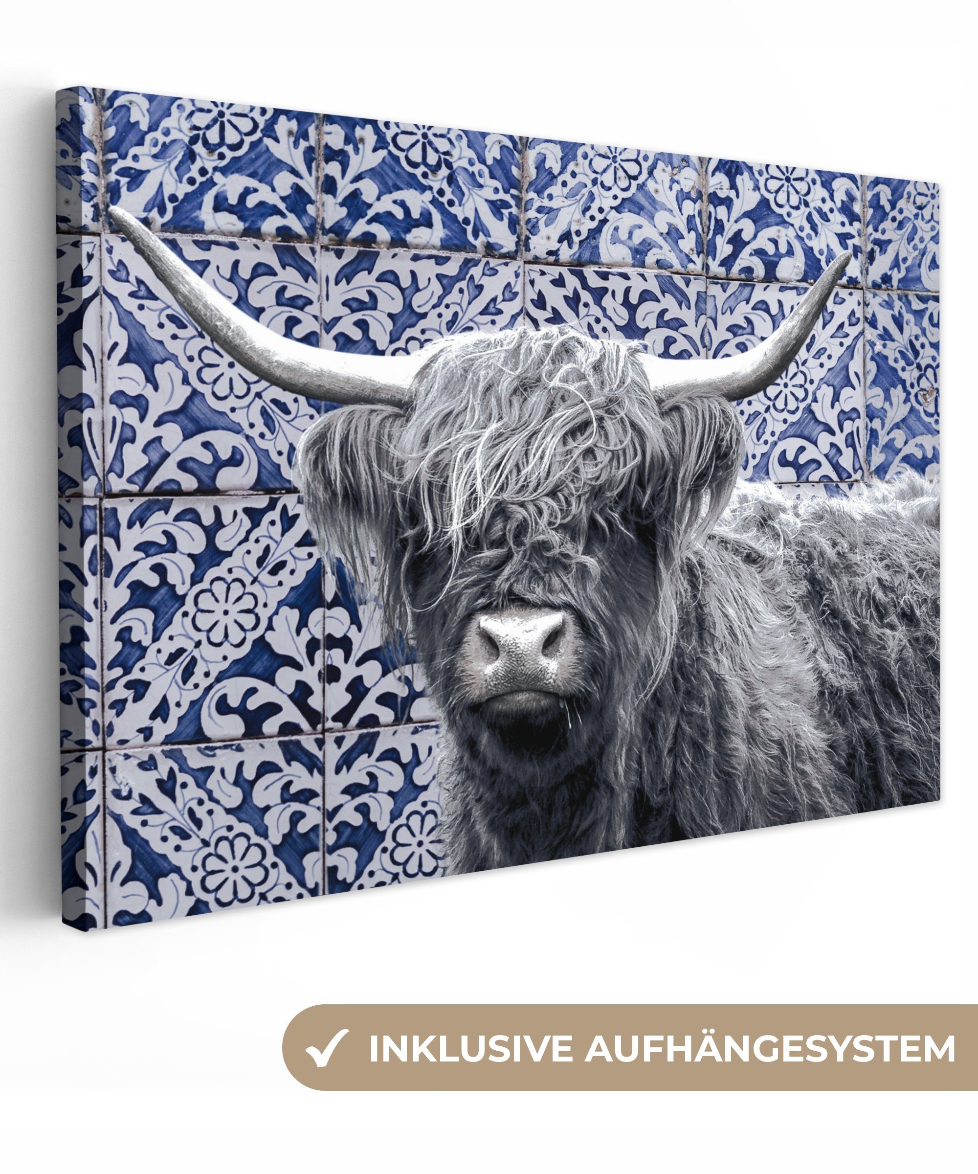 OneMillionCanvasses® Leinwandbild Scottish Highlander - Delfter Blau - Schwarz - Weiß, (1 St), Wandbild Leinwandbilder, Aufhängefertig, Wanddeko, 30x20 cm