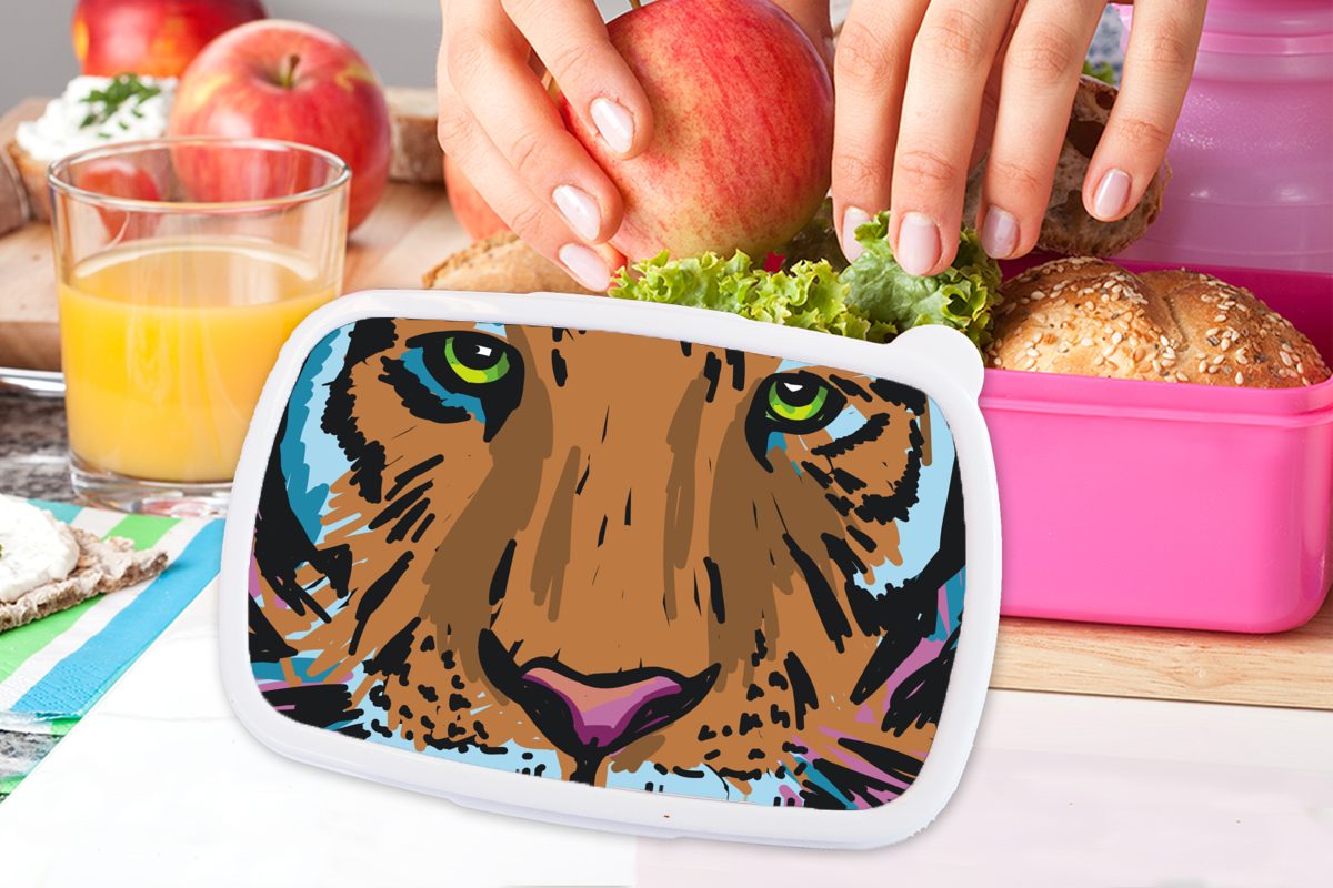 Gemälde, Tiger rosa Erwachsene, (2-tlg), Lunchbox Snackbox, Kinder, Kunststoff - Brotbox für - Brotdose Mädchen, Kunststoff, Kopf MuchoWow