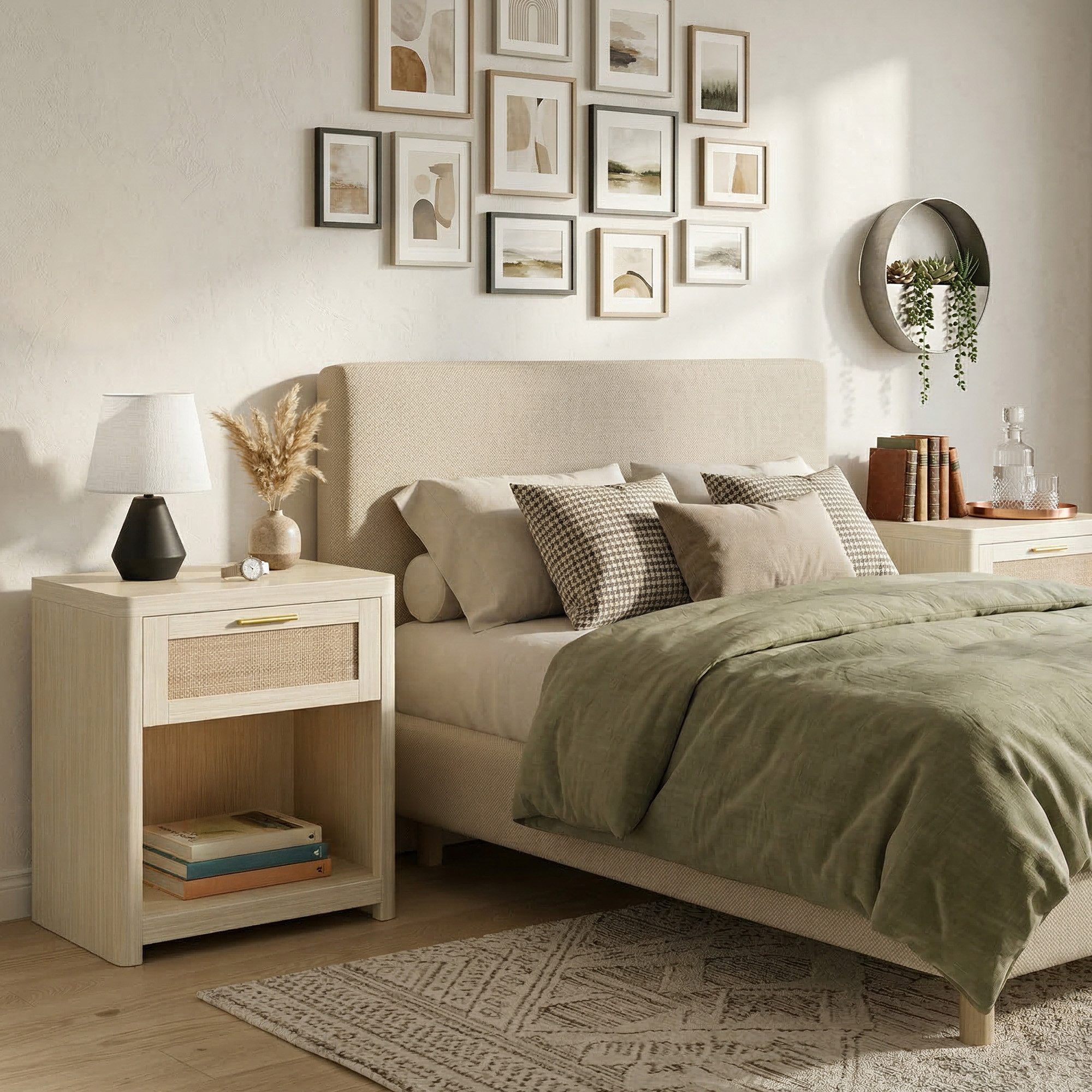 VASAGLE Nachttisch 2er Set Beistelltisch mit Schublade in Rattan-Optik, für Schlafzimmer neben dem Bett, Boho-Stil, mit offenem Fach – Bild 2 von 5