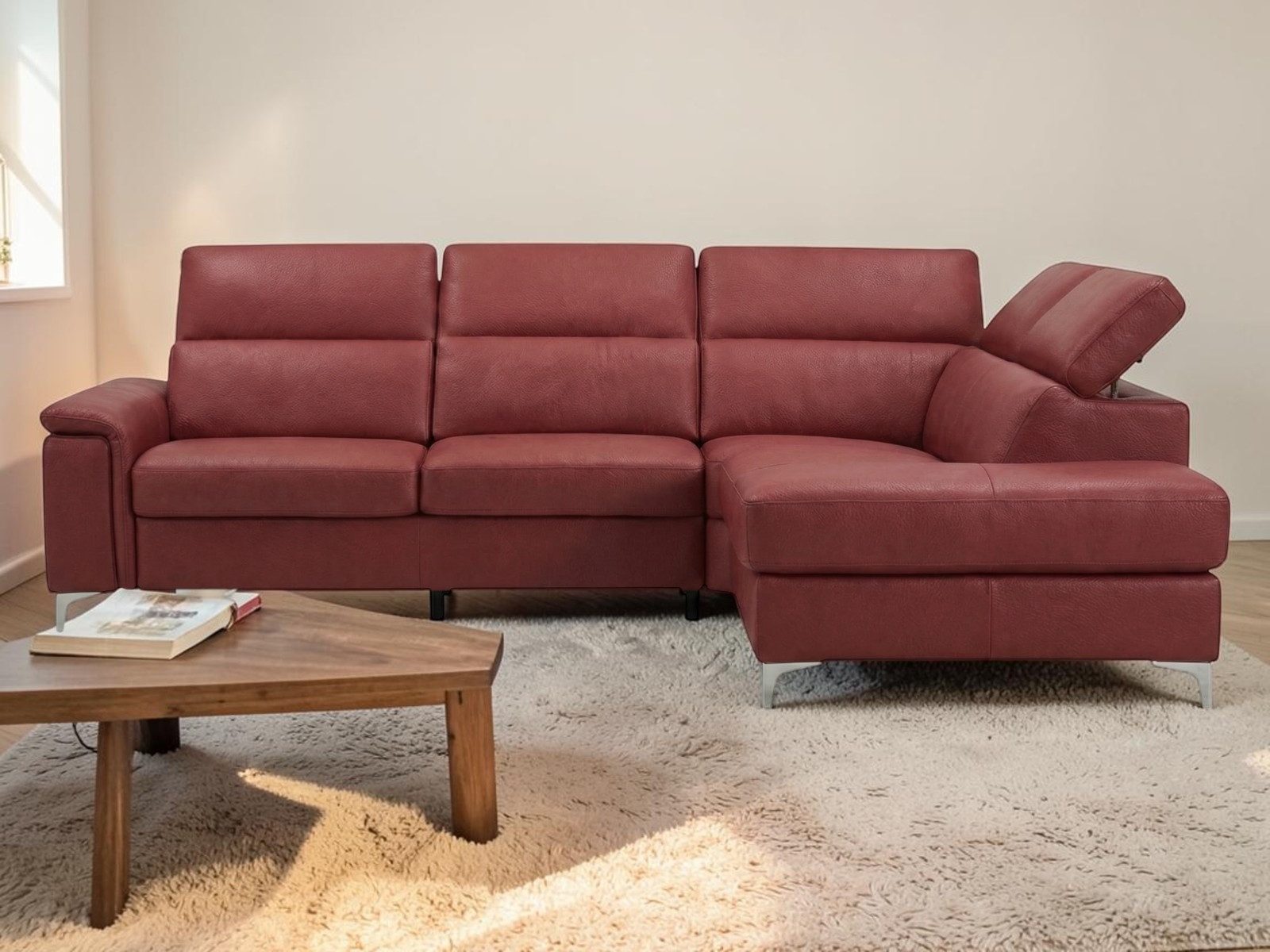 Villa Möbel Ecksofa Avenger, L-Form 1 Teile, Echtleder-Ecksofa mit Kopfteilverstellung fürs Wohnzimmer