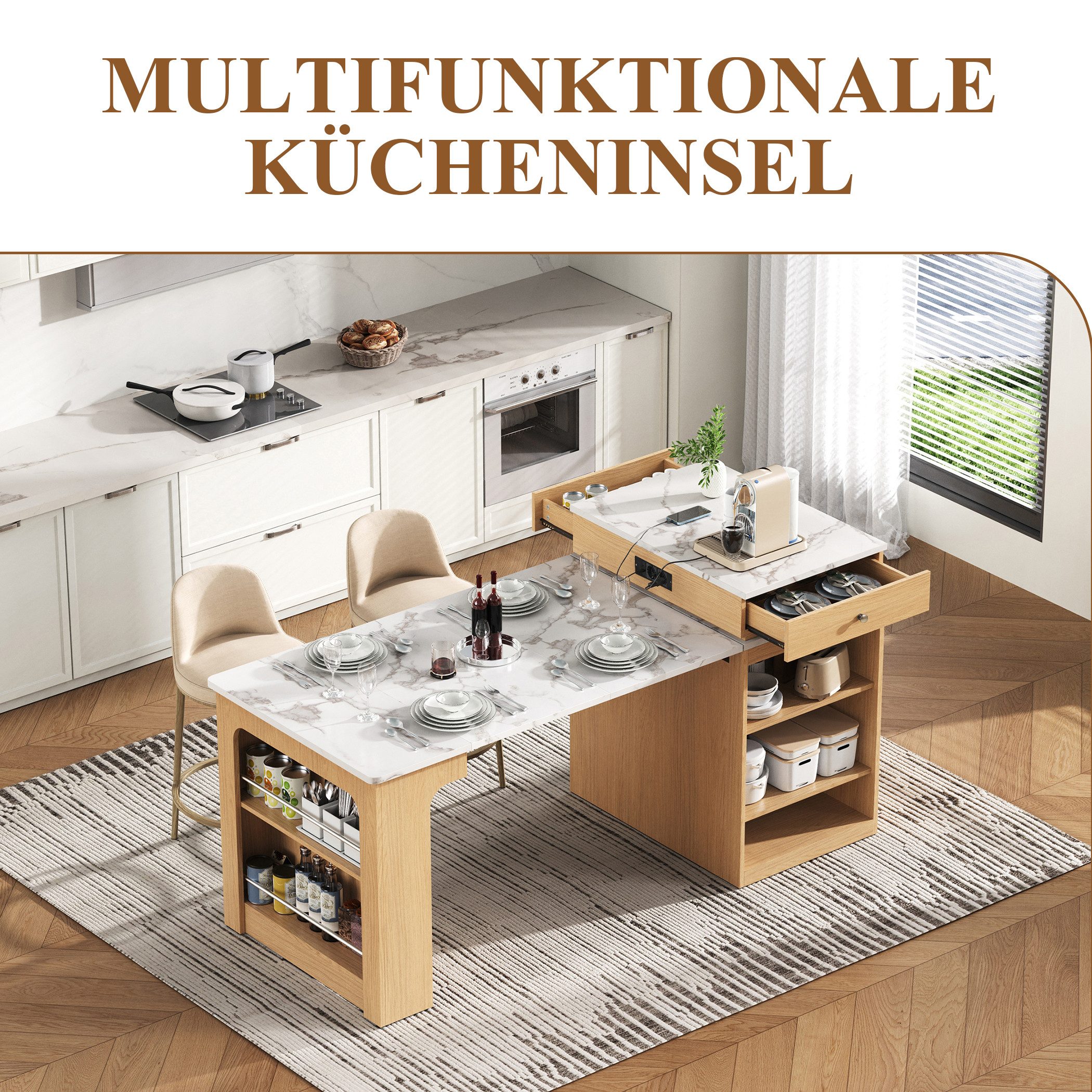 SeedWave Kücheninsel Allzweck Küchenschrank mit Ausziebarem Esstisch, Ladefunktion, 2 Schubladen, Ablagefächer mit höhenverstellbare Einlegeböden