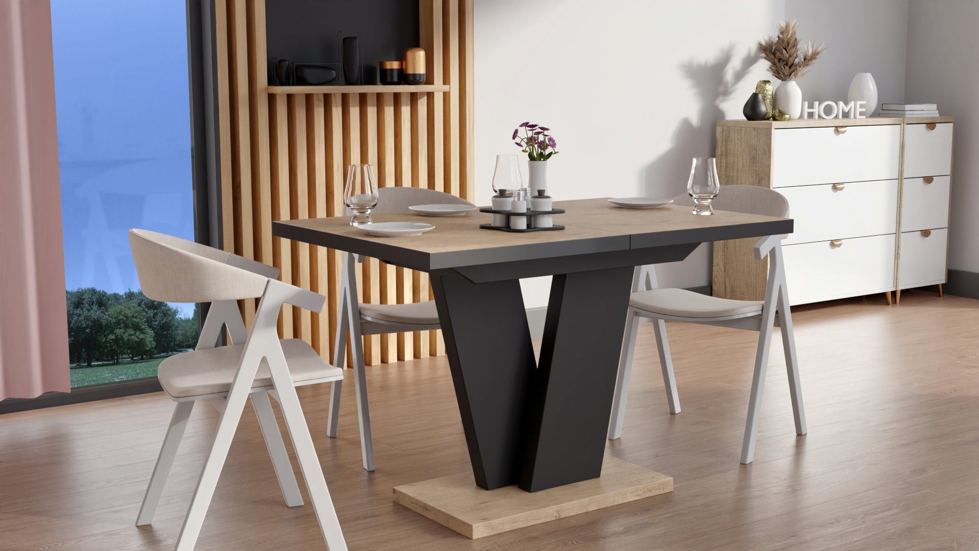 designimpex Esstisch Design Esstisch Tisch MA-333 Hochglanz ausziehbar 120 bis 160 cm Eiche Lancelot - Schwarz matt