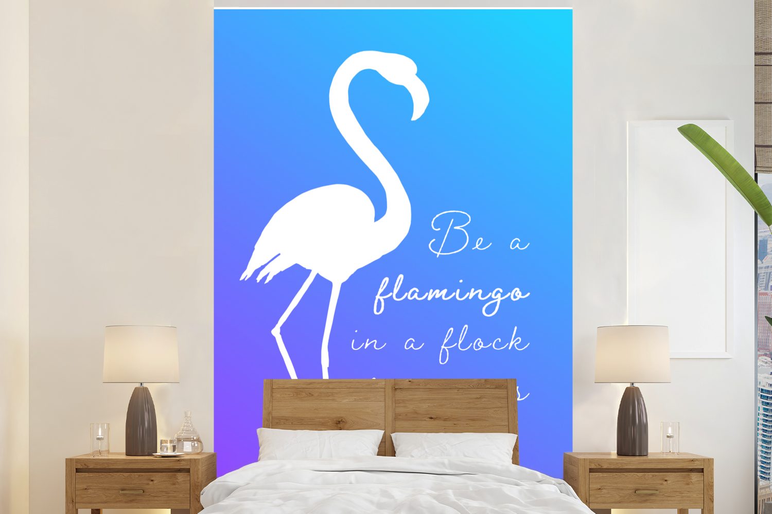 MuchoWow Fototapete Blau - Weiß - Flamingo, Matt, bedruckt, (3 St), Montagefertig Vinyl Tapete für Wohnzimmer, Wandtapete