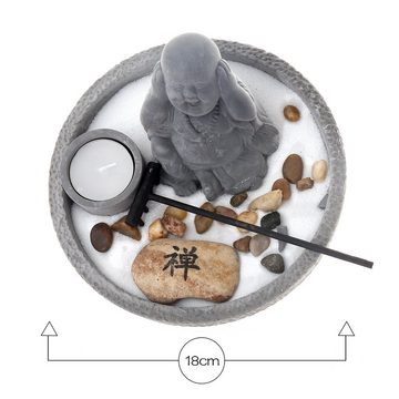 Flanacom Buddhafigur Zen Garten Buddha Figur - Mini Garten Kerzenhalter (Set, mit Buddha Statue sitzend, Teelichthalter, Sand, Harke, und 2 Glückssteinen), Naturholz Esotherik Set