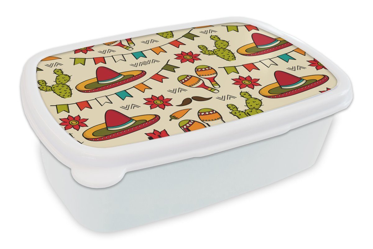 MuchoWow Lunchbox Mexiko - Kaktus - Muster, Kunststoff, (2-tlg), Brotbox für Kinder und Erwachsene, Brotdose, für Jungs und Mädchen weiß