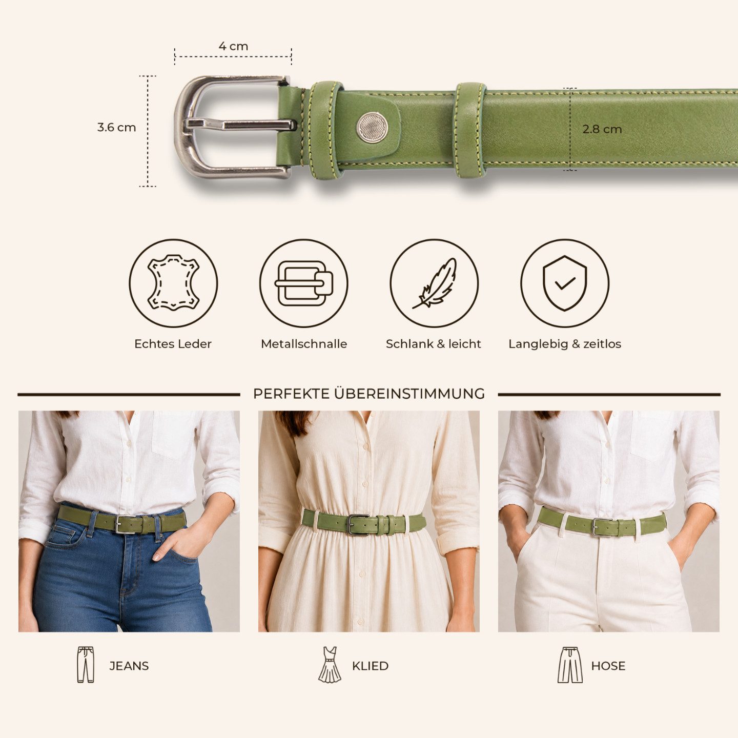 herémood Ledergürtel Gürtel Damen Ledergürtel Jeans & Kleid Geschenke Frauen Accessoires (Gürtel Damen Grün 100 cm - Premium Ledergürtel - handgefertigt - hochwertig verarbeitet - kürzbar, 1-St., Taillengürtel Damen aus Echtleder, für Mom Jeans Damen & Kleid & Hosen) Damengürtel Leder, Geburtstag Geschenk Frau Jeans, Hosen & Kleidung