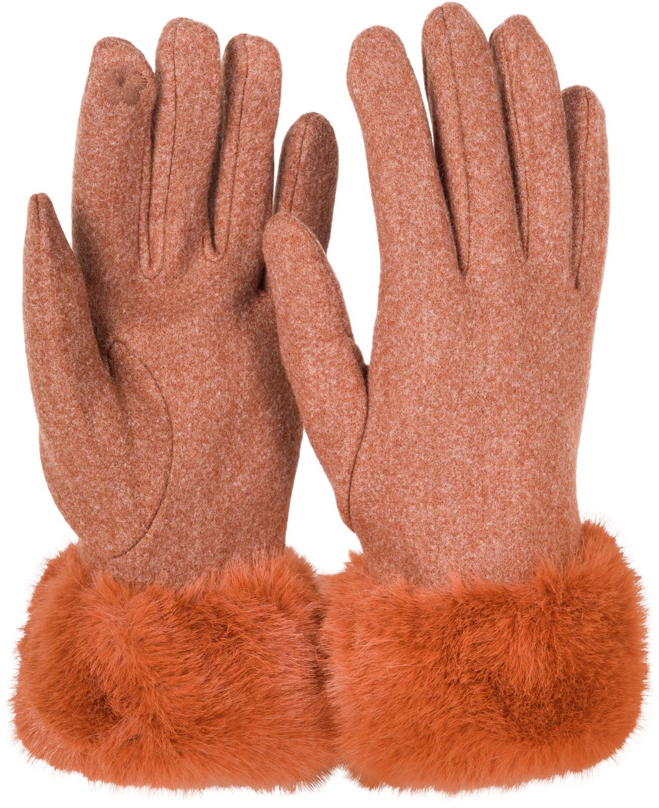 Fleecehandschuhe mit Unifarbene styleBREAKER Kunstfell Touchscreen Handschuhe Cognac
