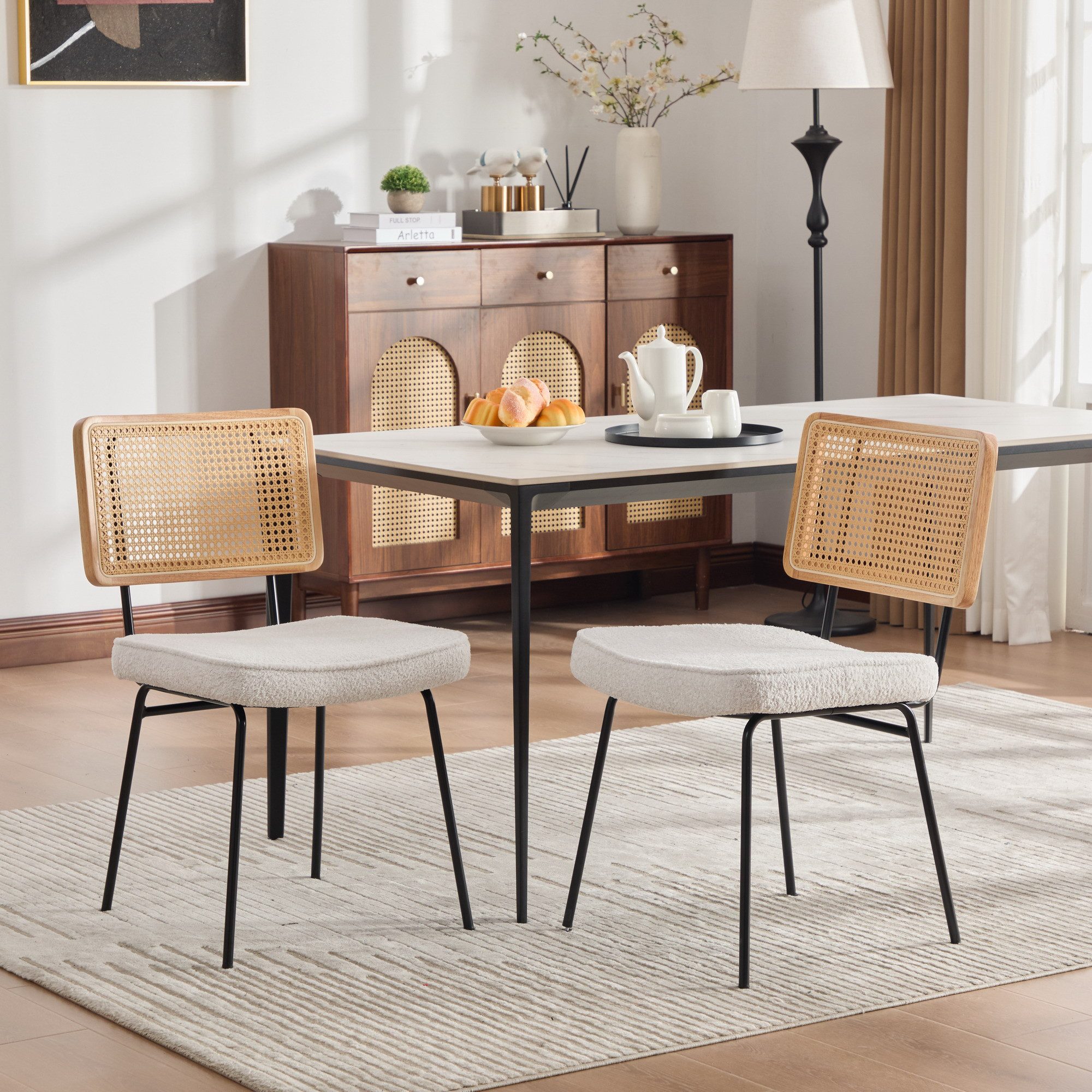STILVORA Esszimmerstuhl 2er-Set Küchenstuhl mit verstellbare Metallfüße in Rattan-Optik (Massivholzrahmen, Chenillebezug, Schaumstoffpolster, robust), für Esszimmer, Küche, Homeoffice, Café und Ferienwohnung