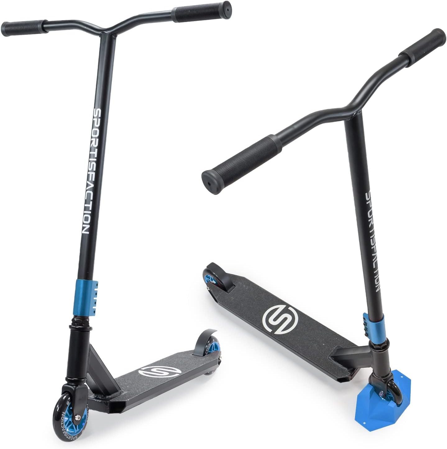 Sportisfaction Stuntscooter Stuntscooter Blau ABEC11 Kugellager 4-fach Klemme Belastbar bis 100kg, Profi Roller für Tricks & Rampen Alu-Deck 50x11cm Robustes Design