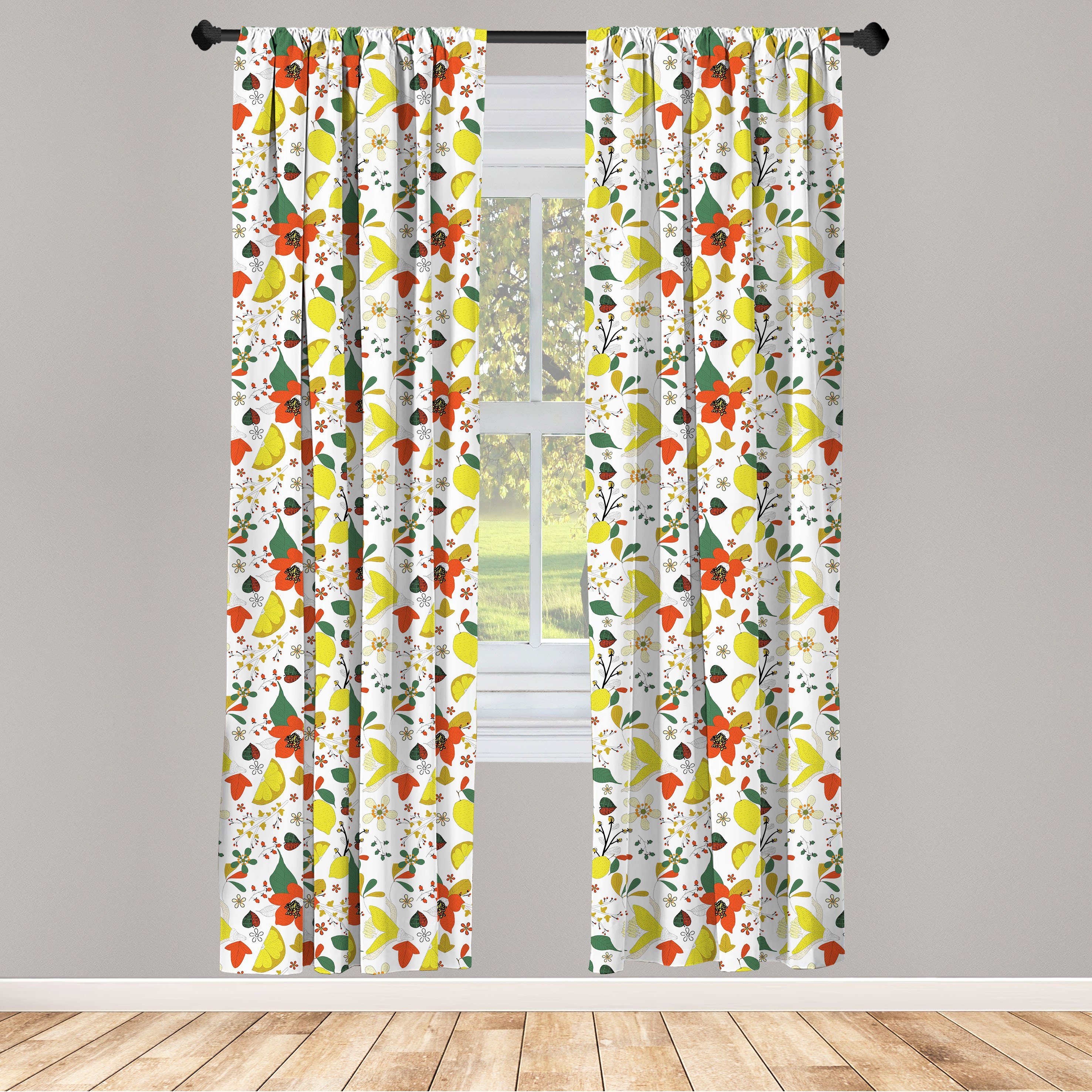 Gardine Vorhang für Wohnzimmer Schlafzimmer Frühlings-Zitronen-Blätter Dekor, Microfaser, Abakuhaus, Blumen