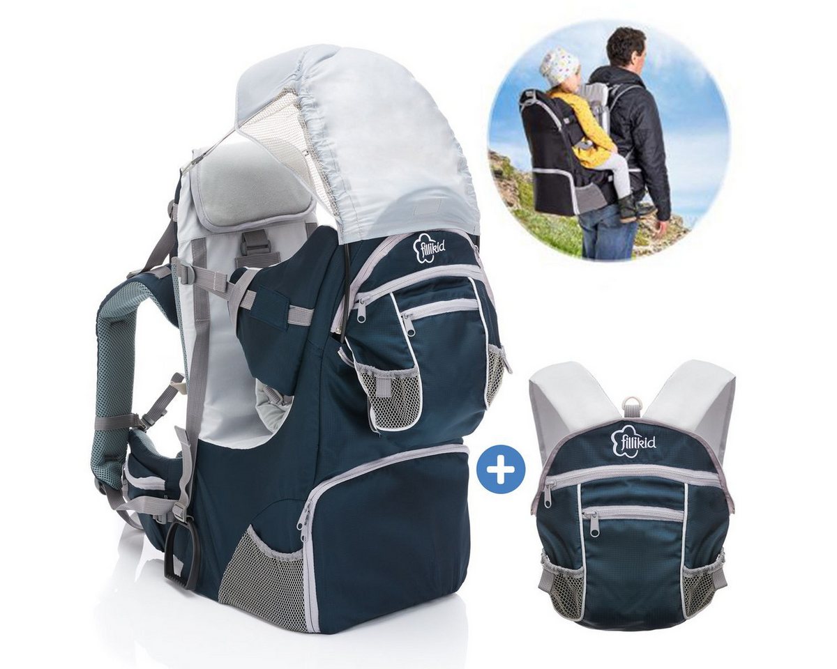 Fillikid Babytrage Blau, Rückentrage für Baby & Kleinkind mit Sonnenschutz, Kraxe zum Wandern