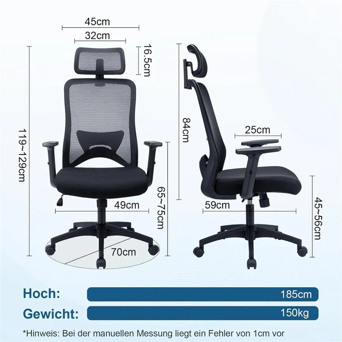 Fangqi Bürostuhl Sitzhöhe Neigungswinkel drehbar, und verstellbar, 90°-115°, Drehstuhl, Nackenkissen) der (Armlehnen, verstellbar, Kopfstütze Rückenlehne 360° Armlehnen mit Bürostuhl