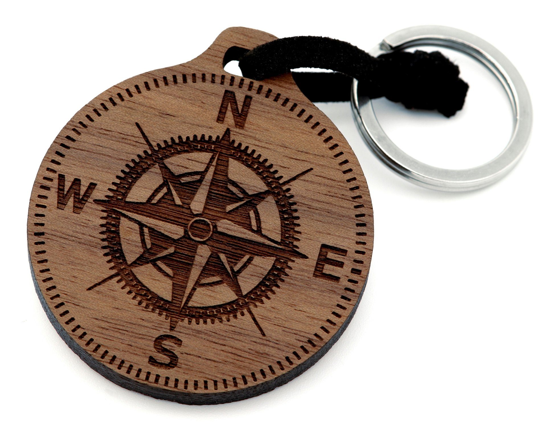 NaturSchatulle Schlüsselanhänger mit Gravur aus Holz mit Motiven (mit Edelstahl Schlüsselring, Ø 4,5cm), Kompass, Hirsch, Yin Yang, Lebensbaum, Faultier