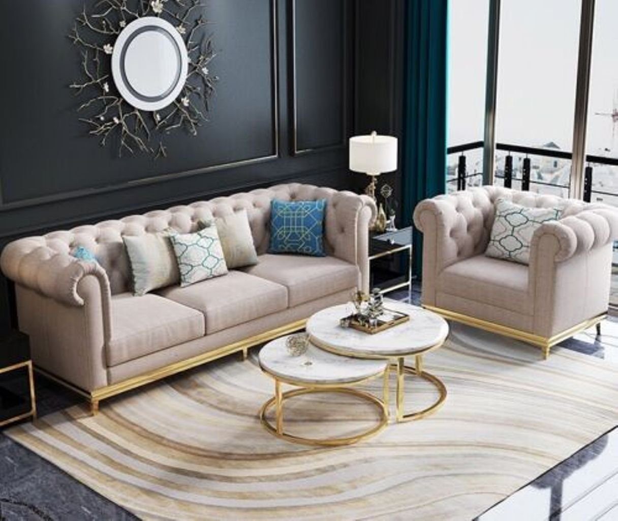 Sofa Wohnzimmer-Set, Sitz Stoff 3+1 Wohnzimmer Designer Garnitur Metall Couch JVmoebel Polster