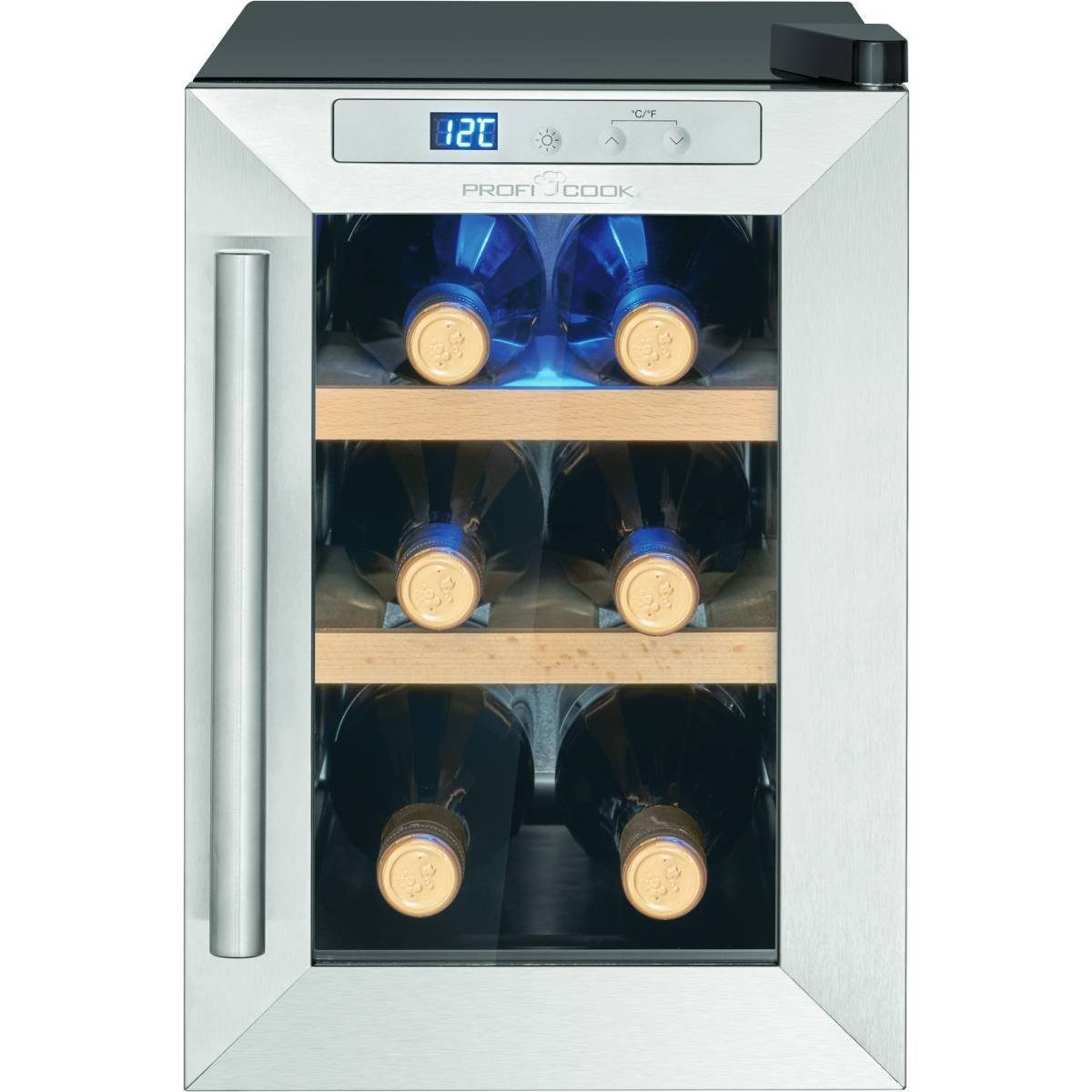 breit, cm PC-WK 1231, 39.5 hoch, 6 24.6 cm für Flaschen Weinkühlschrank Getränkekühlschrank schwarz ProfiCook