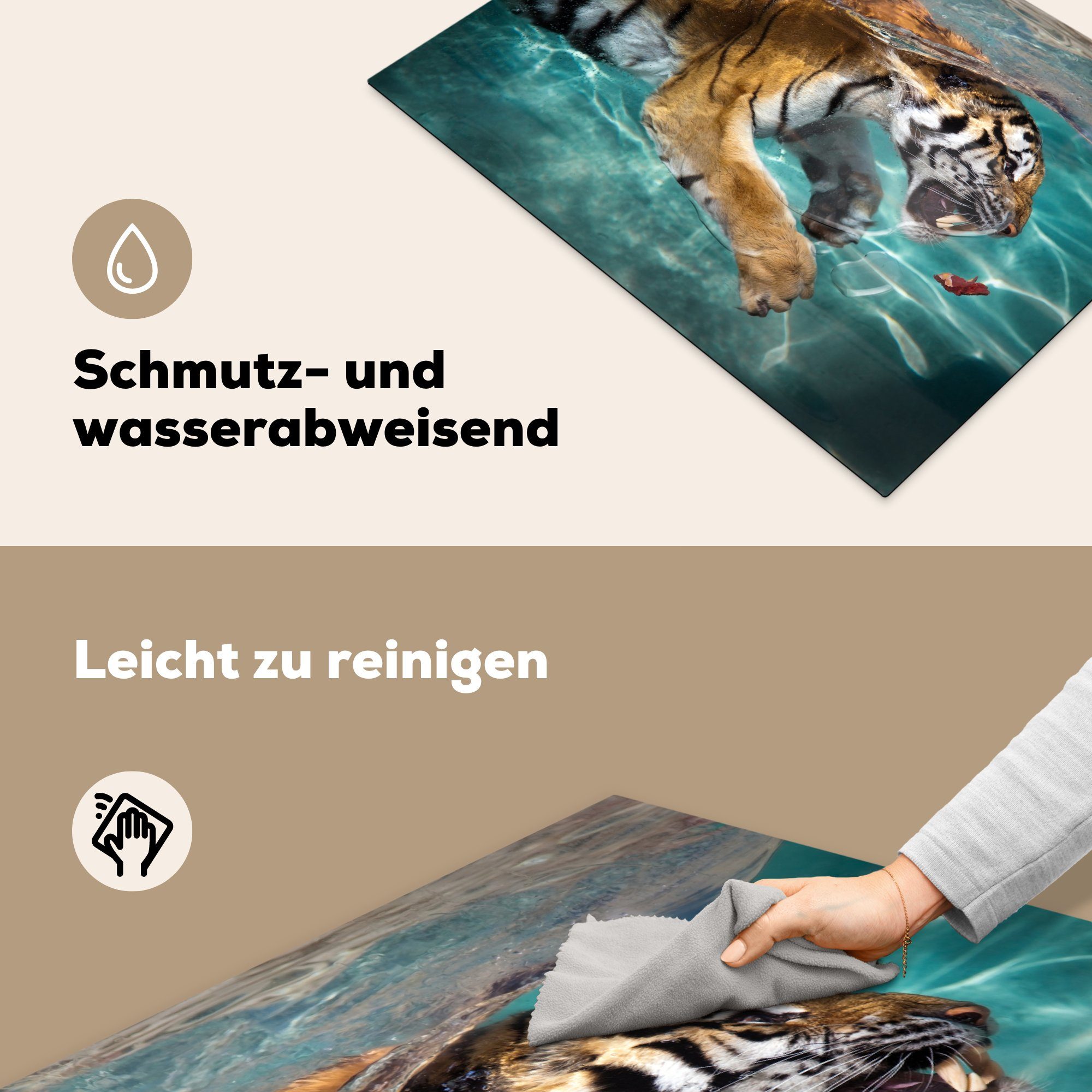 Schwimmender Tiger, Arbeitsfläche MuchoWow Ceranfeldabdeckung cm, Vinyl, tlg), Mobile (1 Herdblende-/Abdeckplatte 70x52 nutzbar,