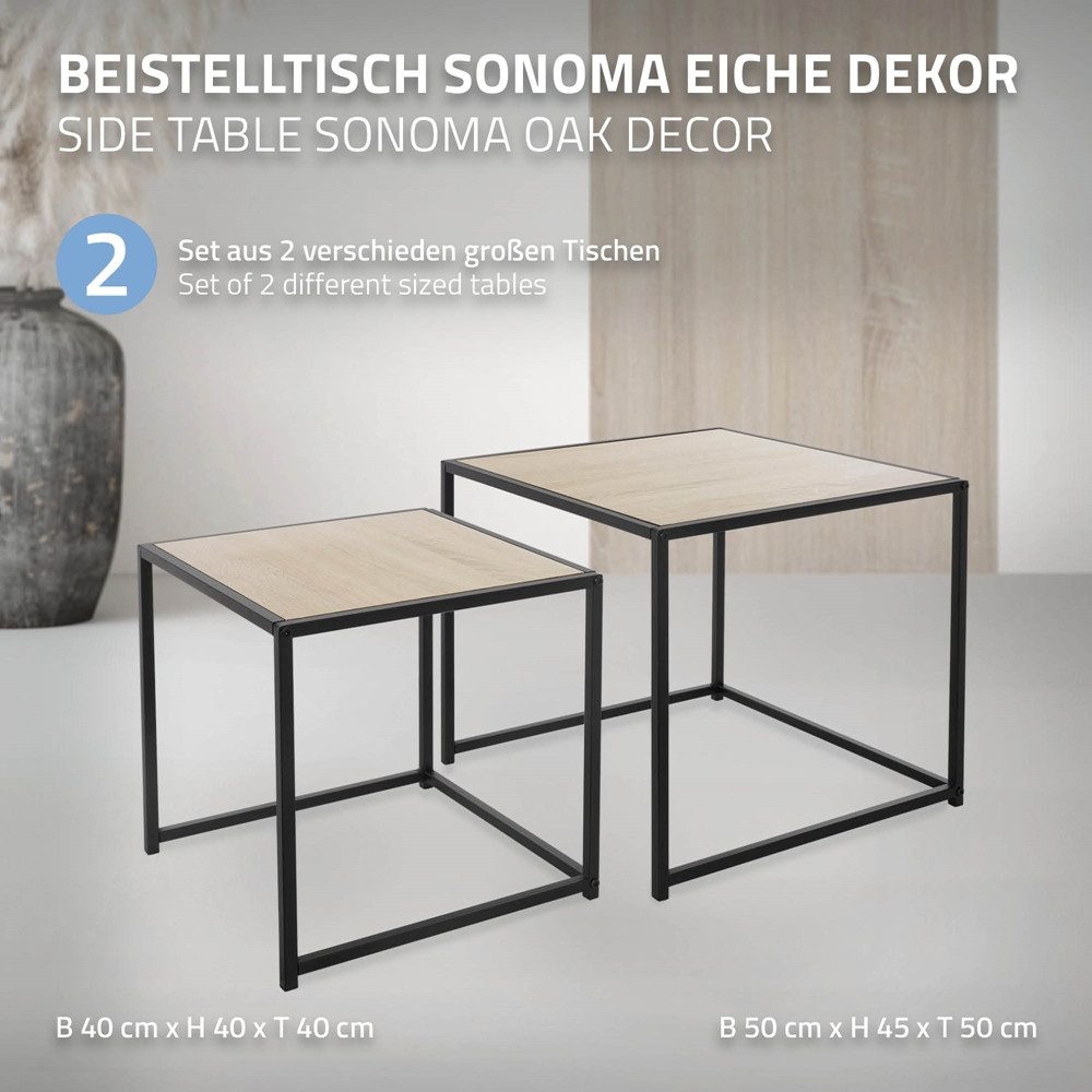ML-DESIGN Konsolentisch Wohnzimmertisch Dekotisch Beistelltisch Sofatisch Metallgestell, Satztische 2er Set quadratisch Form Eichenoptik stapelbar
