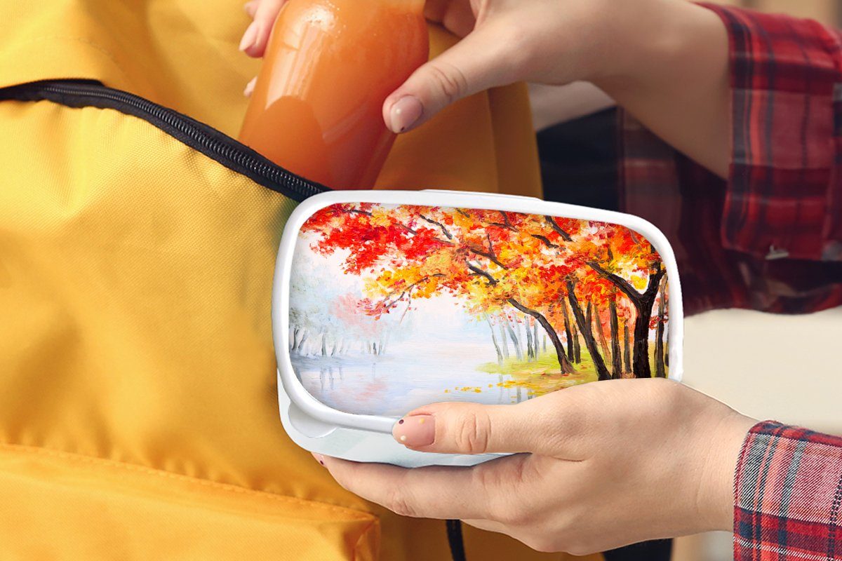 MuchoWow Lunchbox Gemälde Kunststoff, und und - Wasser - Brotbox - Bäume Erwachsene, Mädchen für Brotdose, für weiß Ölfarbe, (2-tlg), Kinder Herbst - Jungs