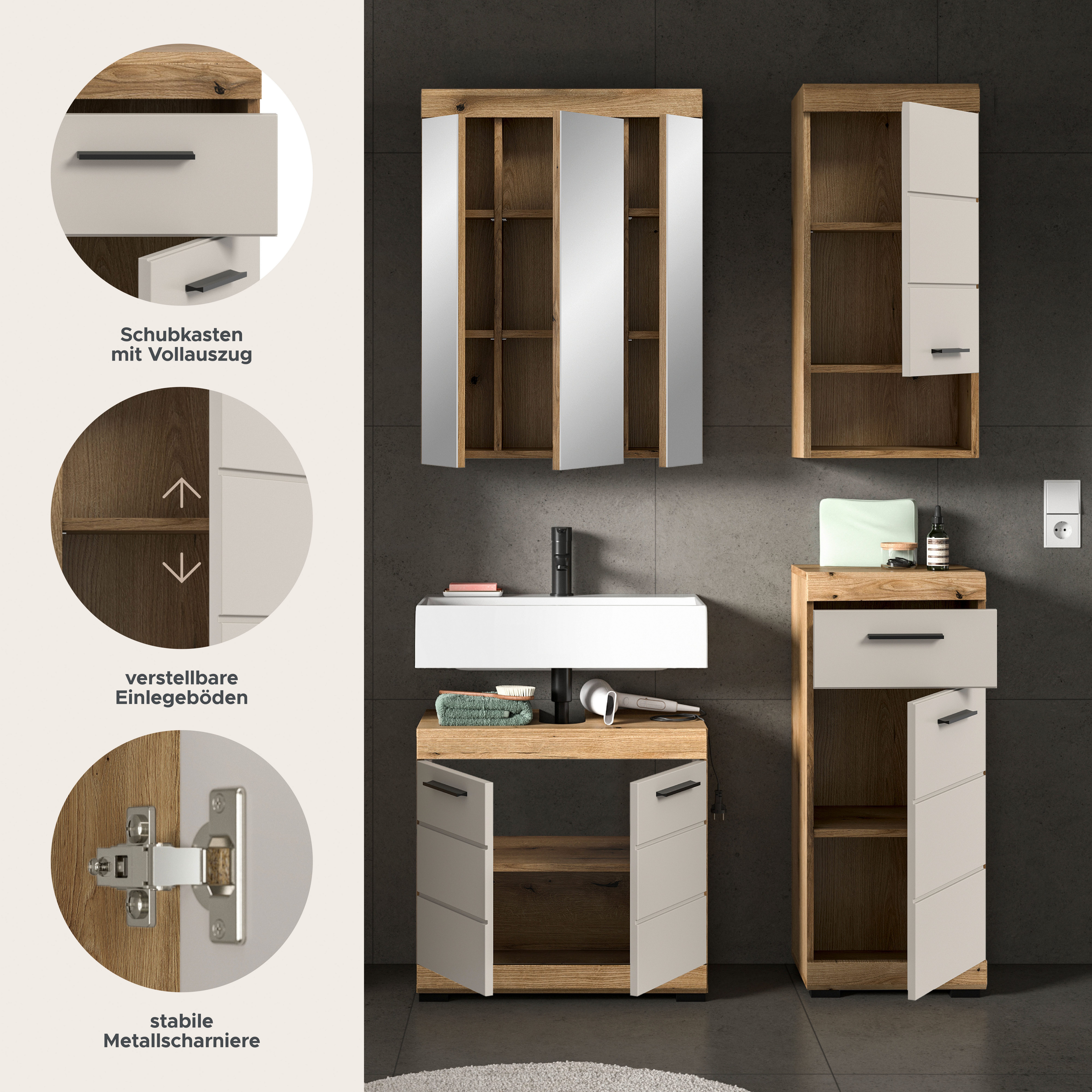 welltime Badmöbel-Set SIENA, 4 teilig, bestehend aus:, (Set, 4-St., TOPSELLER), Waschbeckenunterschrank, Spiegelschrank, Unterschrank, Hängeschrank