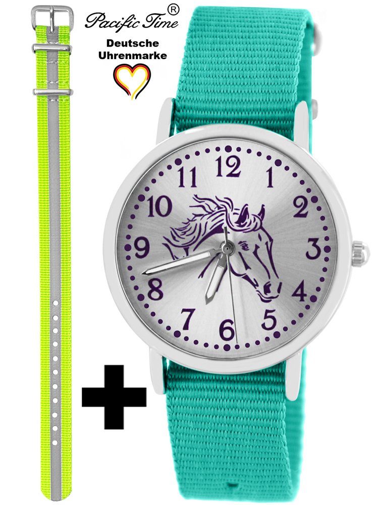 Pacific Time Quarzuhr Set Kinder Armbanduhr Pferd violett Wechselarmband, Mix und Match Design - Gratis Versand Reflektor gelb und türkis