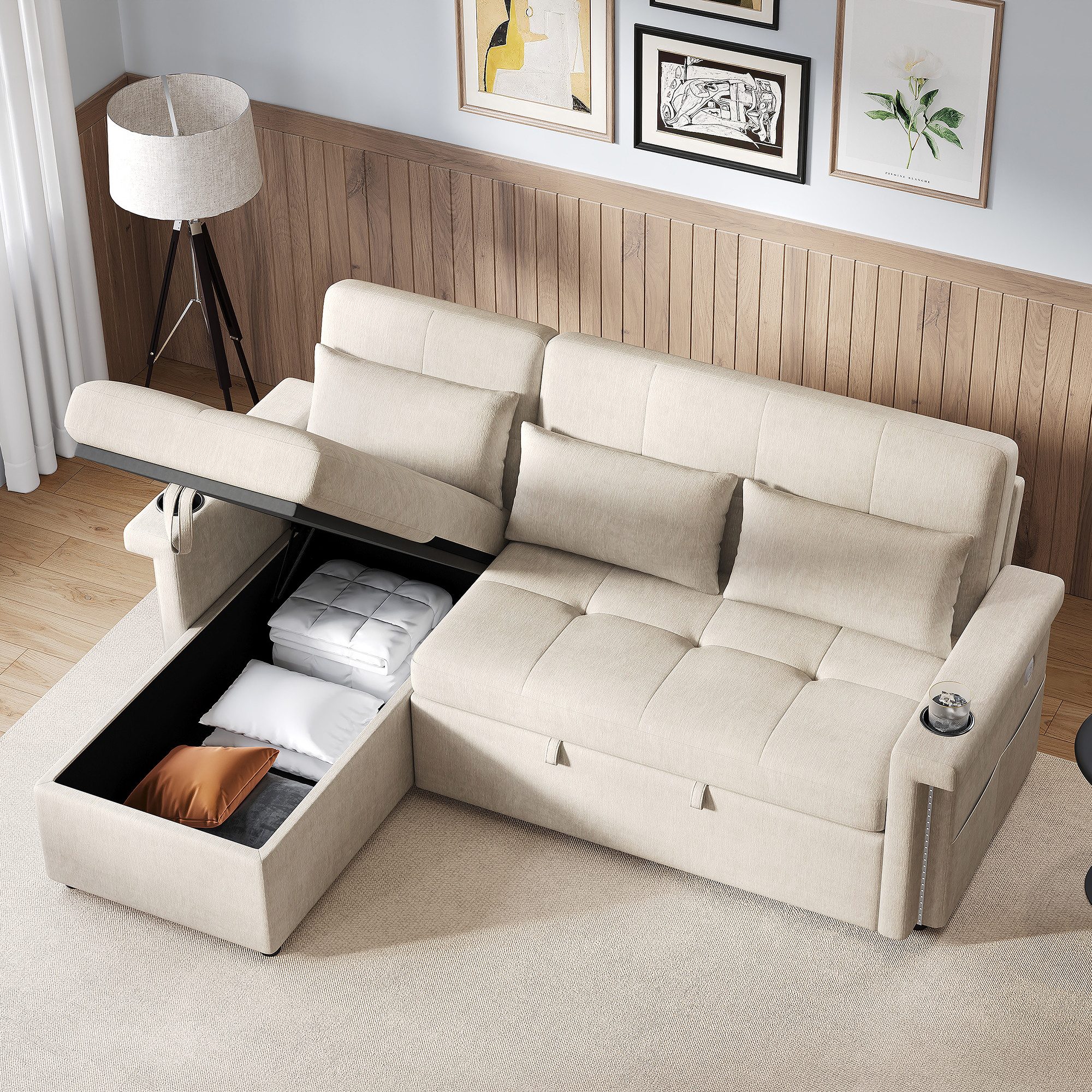 OKWISH Schlafsofa Ecksofa 209x141,5x90 cm mit Schlaffunktion & LED, Chenille Beige, Set 1 Teile, Wohnzimmersofa mit Stauraum, umwandelbar in ein Schlafsofa