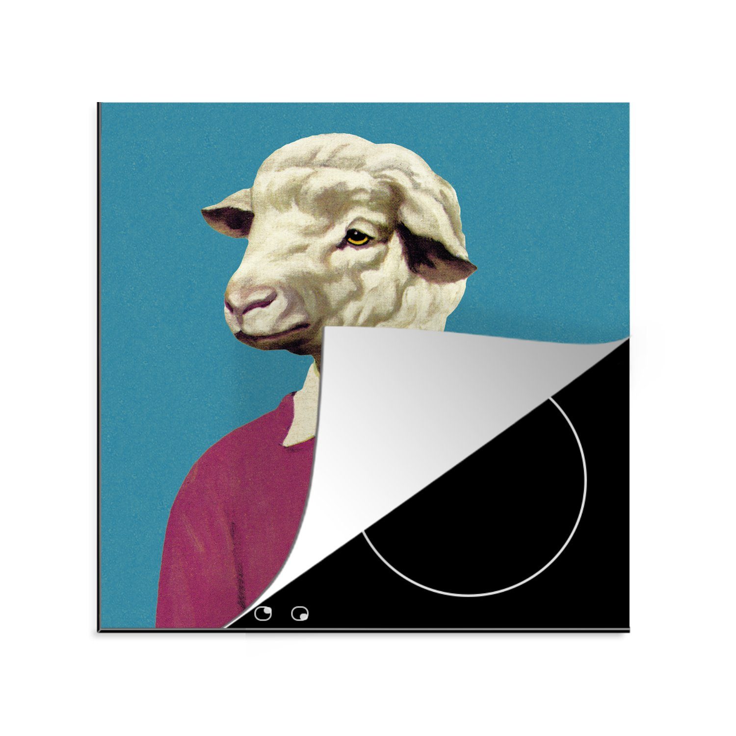 MuchoWow Herdblende-/Abdeckplatte Absurder Mann mit Schafskopf, Vinyl, (1 tlg), 78x78 cm, Ceranfeldabdeckung, Arbeitsplatte für küche